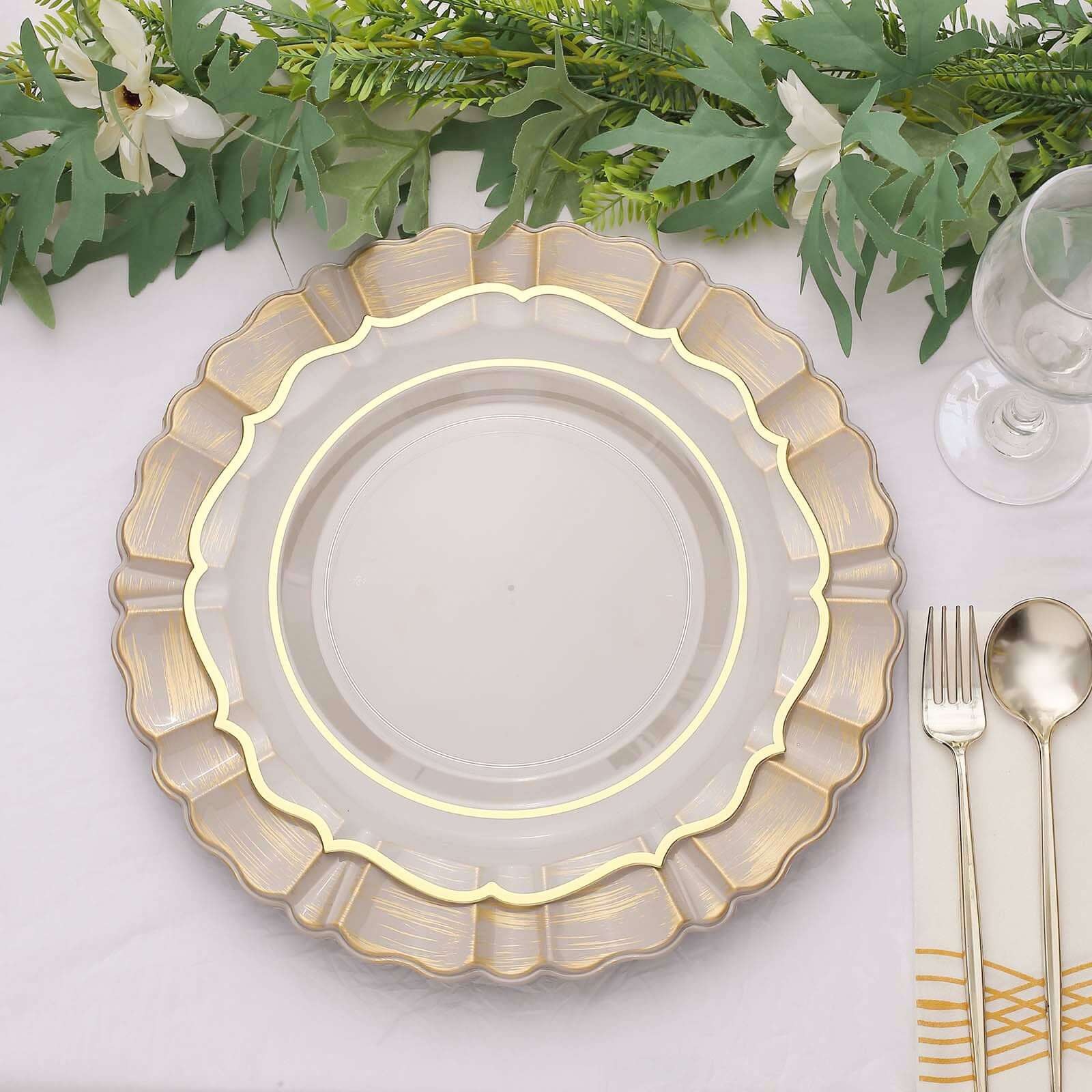 Hot Deal! 6-Pack 13-Inch Nude Taupe Acrylic Round Charger Plates with Gold Brushed Wavy Scalloped Rim for Dinner Parties