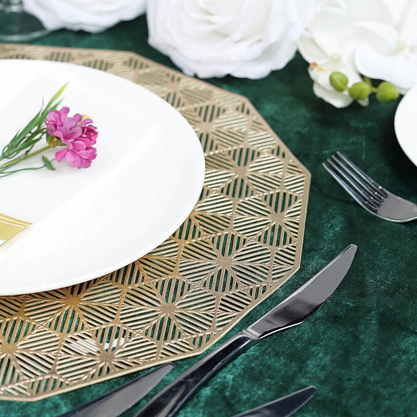 6-Piece Gold Geometric Woven Vinyl Dining Table Mats with Non-Slip Surface, 15 Inches