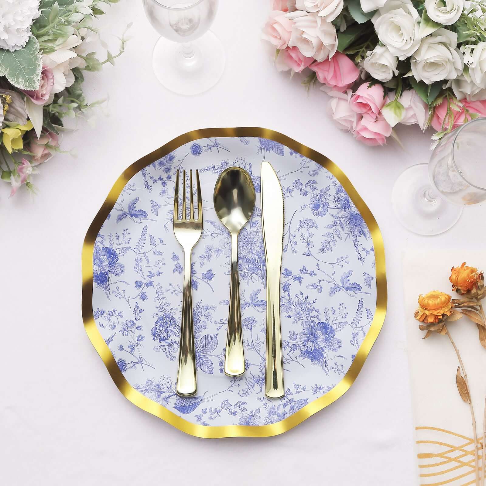 Get 25-Piece Set of Disposable 10-Inch White Paper Dinner Plates with Blue French Toile & Gold Wavy Rim