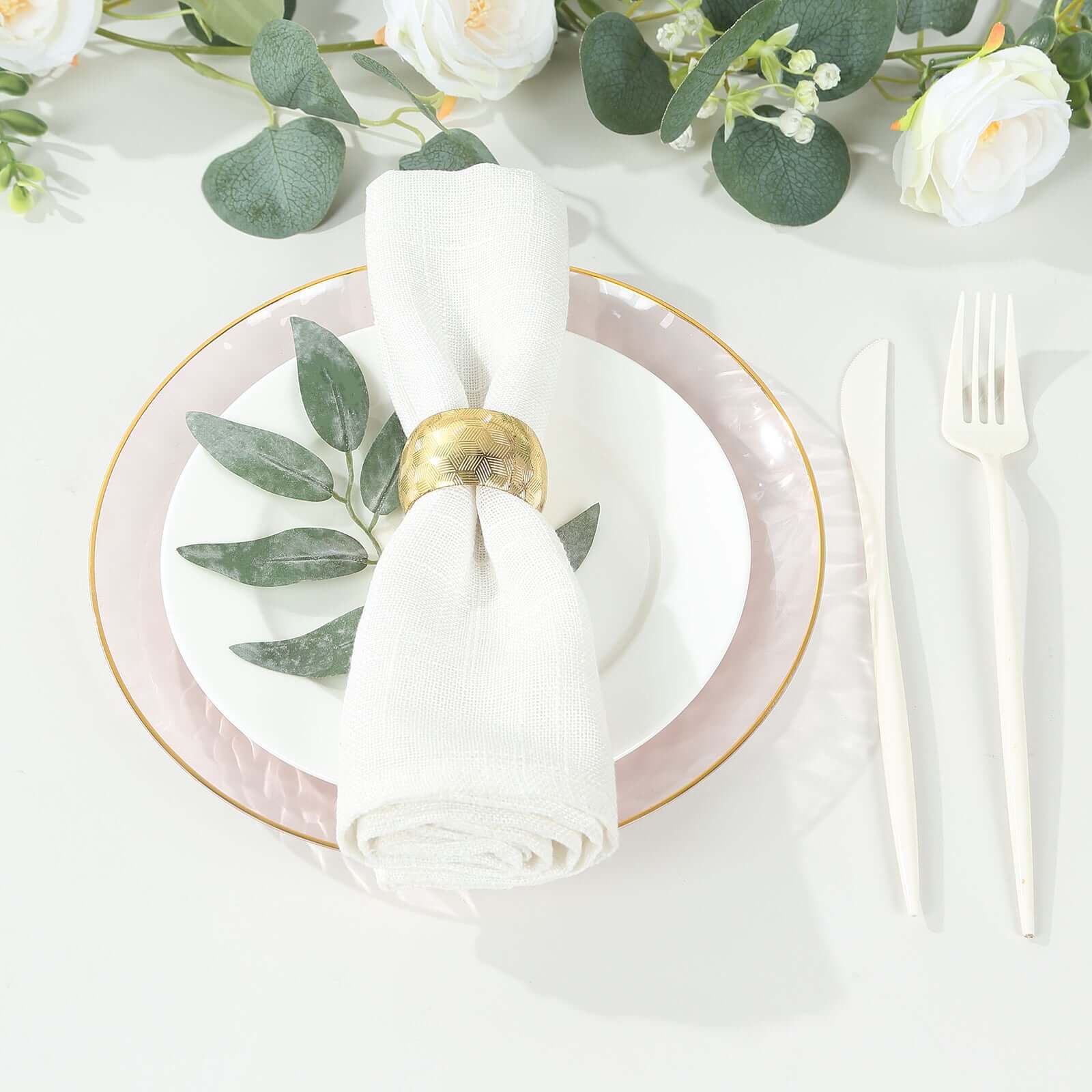 10-Piece Set of 9-Inch Transparent Blush Plastic Dinner Plates with Hammered Gold Rim - Disposable for Parties