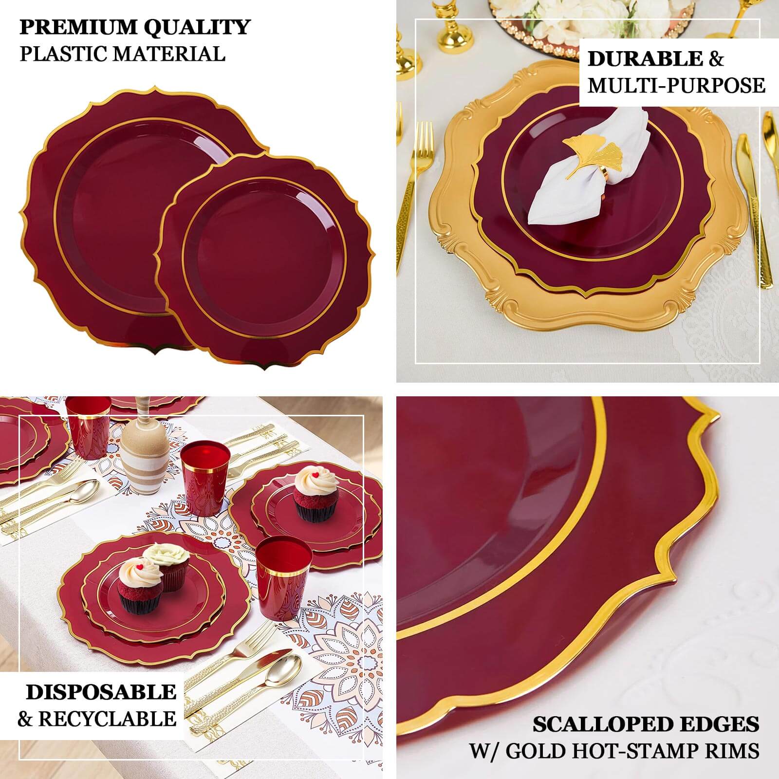 10-Pack Disposable Burgundy Plastic Round Dinner Plates with Gold Scalloped Rim - Ideal for Parties