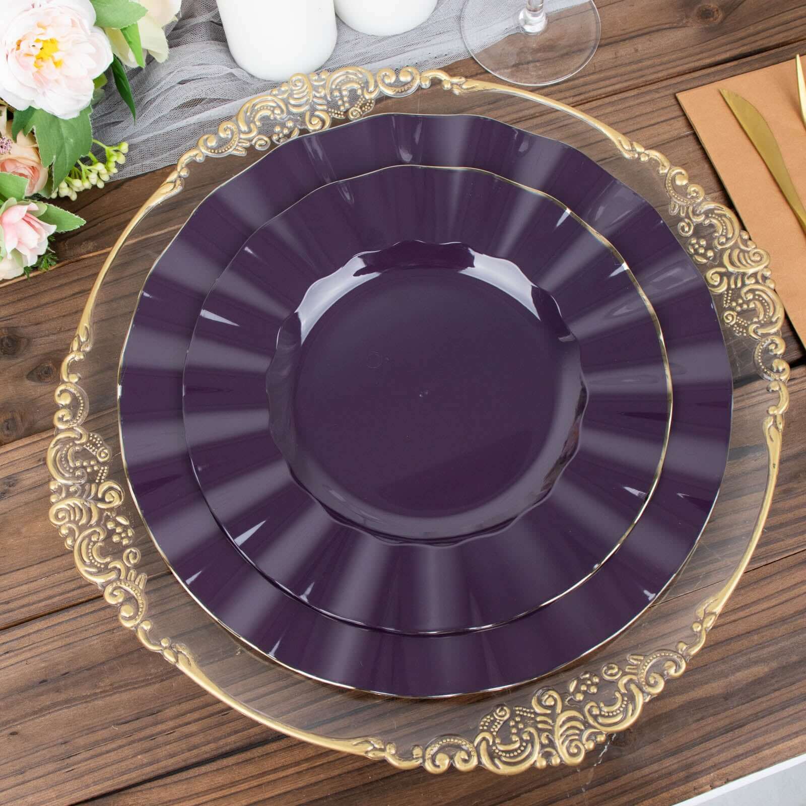 10-Piece Set of Disposable Purple Plastic Dinner Plates with Gold Ruffled Edging - Ideal for Events