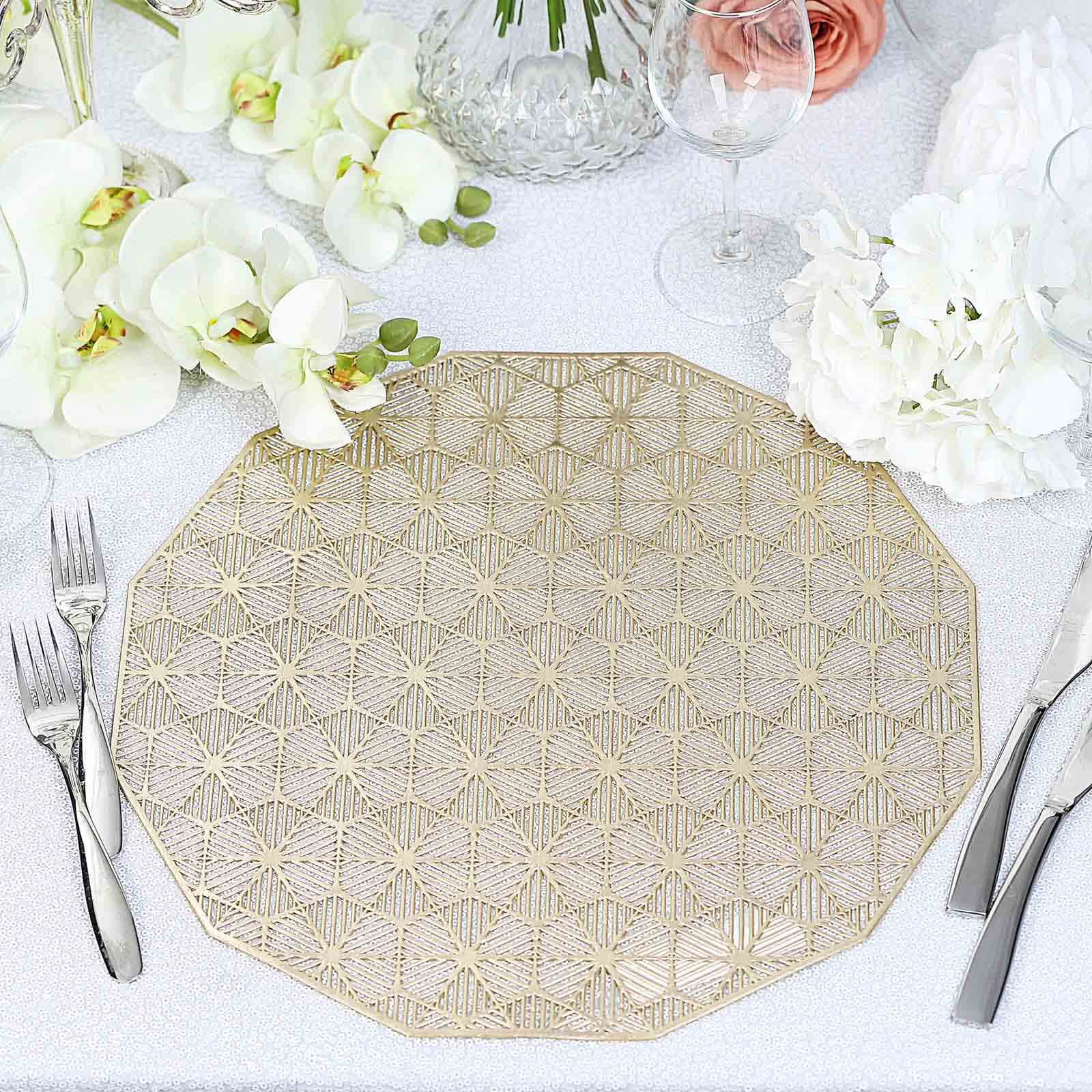 6-Piece Gold Geometric Woven Vinyl Dining Table Mats with Non-Slip Surface, 15 Inches