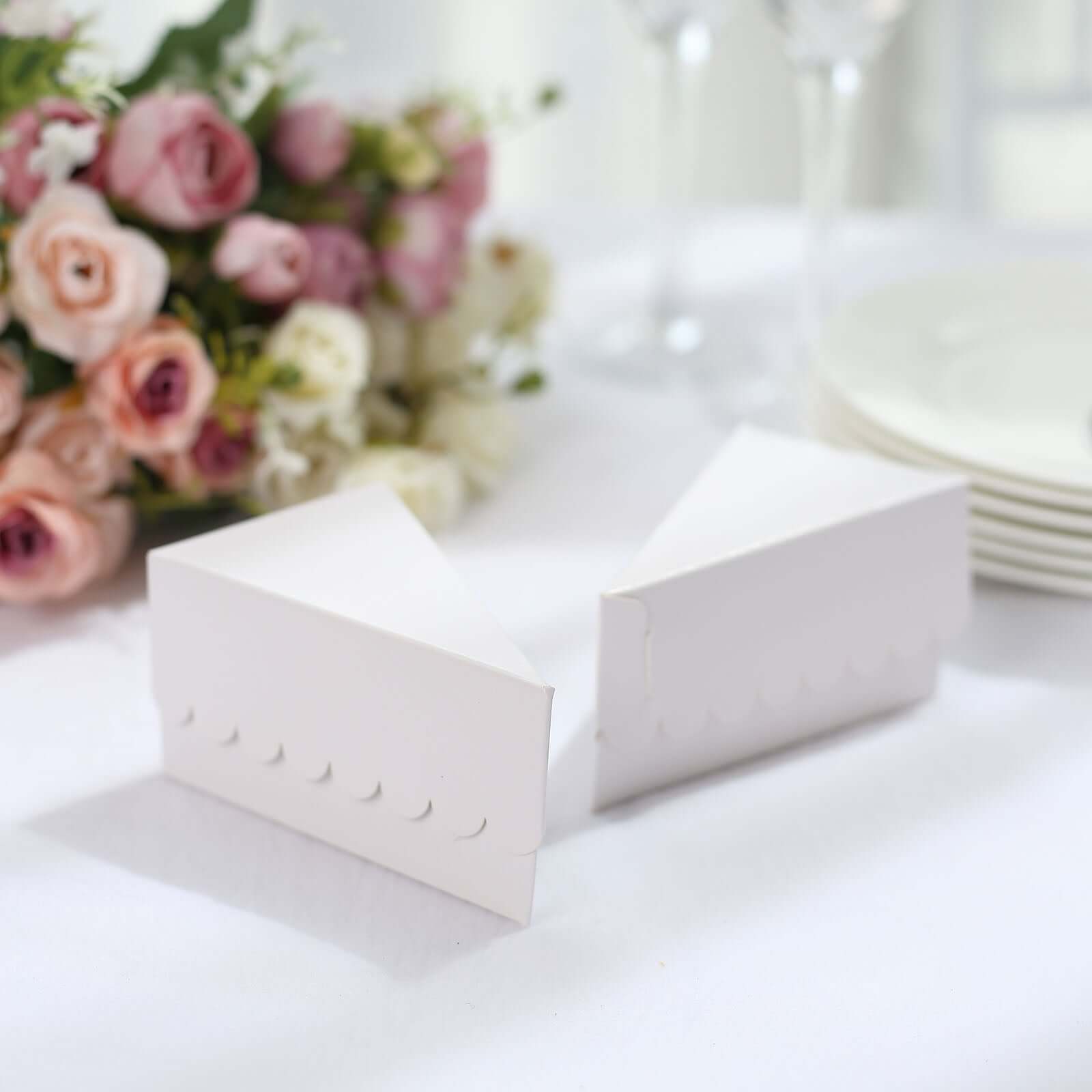 10-Pack White Cardstock Cake Slice Boxes with Scalloped Top - Ideal Decorative Dessert Containers for Party Favors
