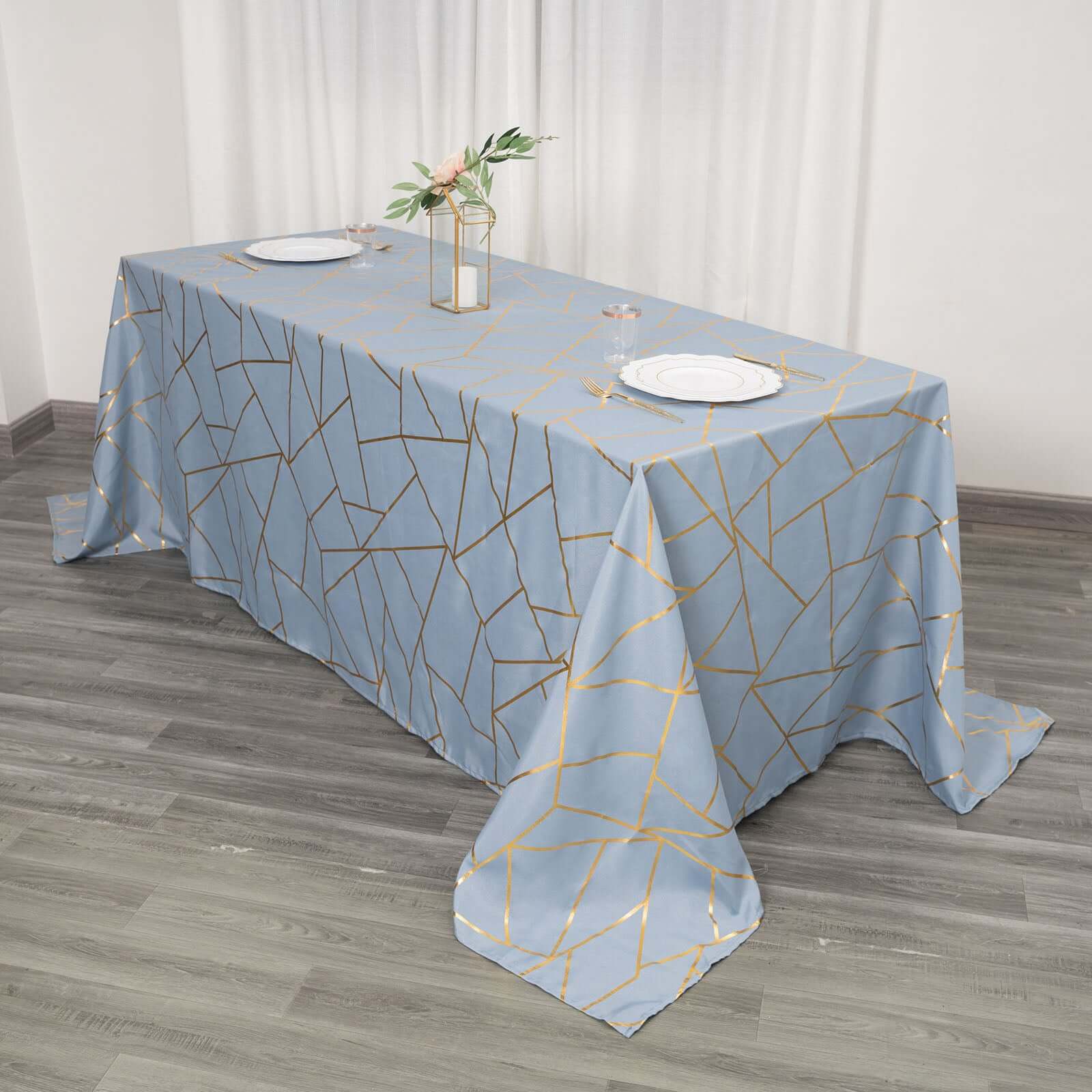 Exclusive! Wrinkle-Resistant Polyester Tablecloth in Dusty Blue with Gold Foil Pattern for Weddings & Events