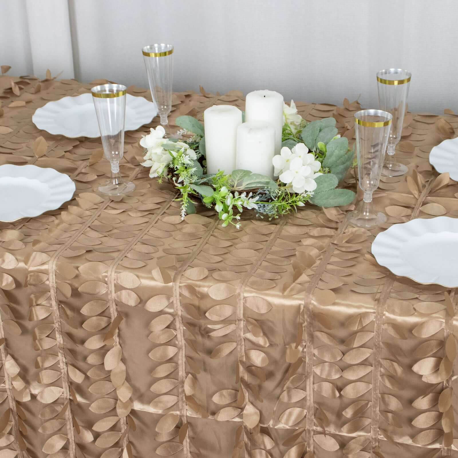 Taupe Taffeta 90x132 Rectangle Tablecloth with 3D Seamless Leaf Petal Design