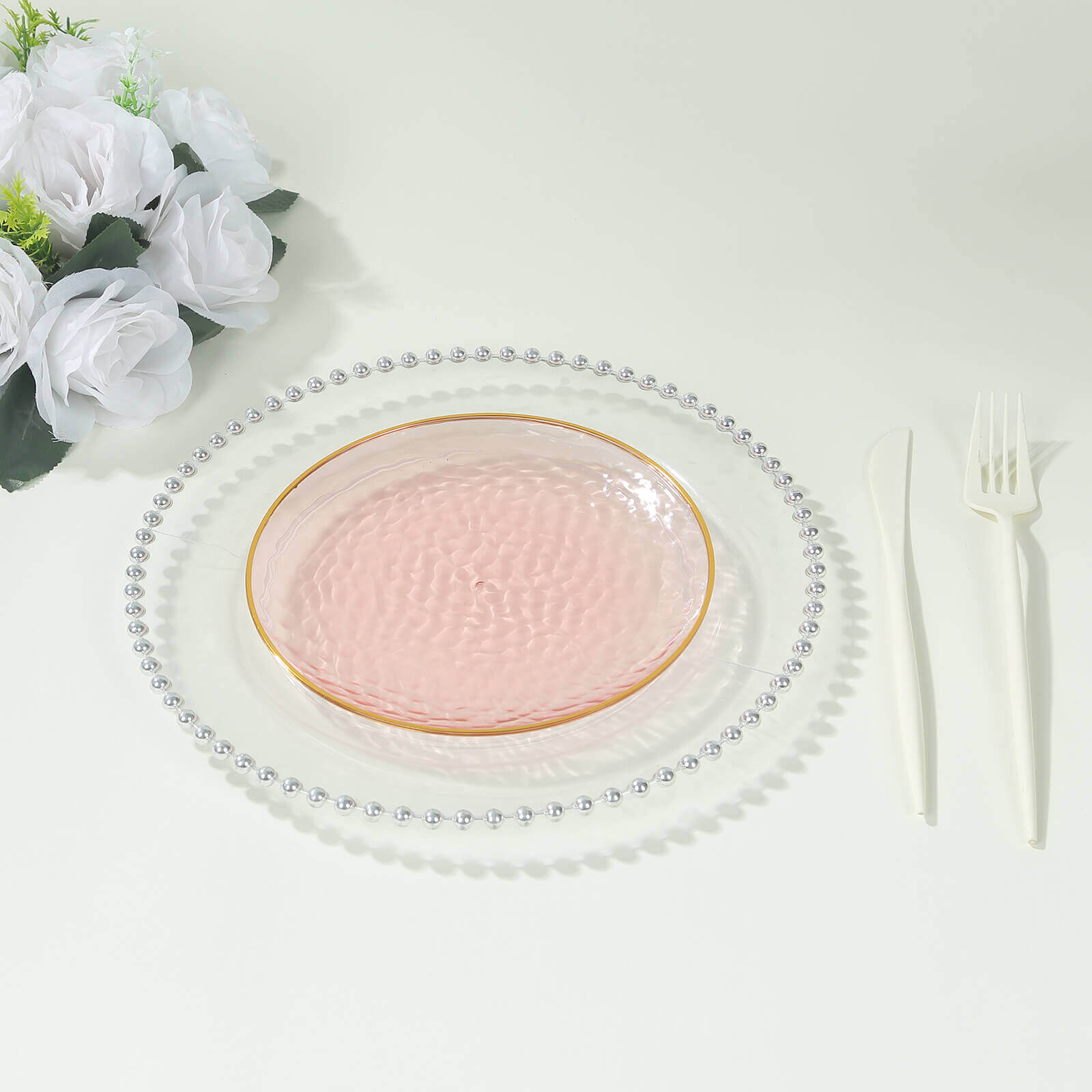 10-Pack Transparent Blush Hammered Plastic Round Dessert Plates with Gold Rim - Disposable & Modern