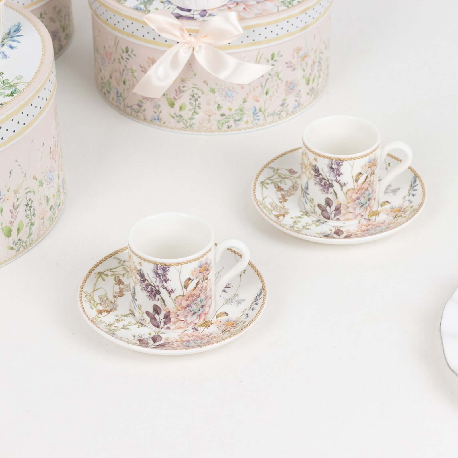 Blush Floral-Printed Porcelain Espresso Cups and Saucers Set of 2 with Gift Box