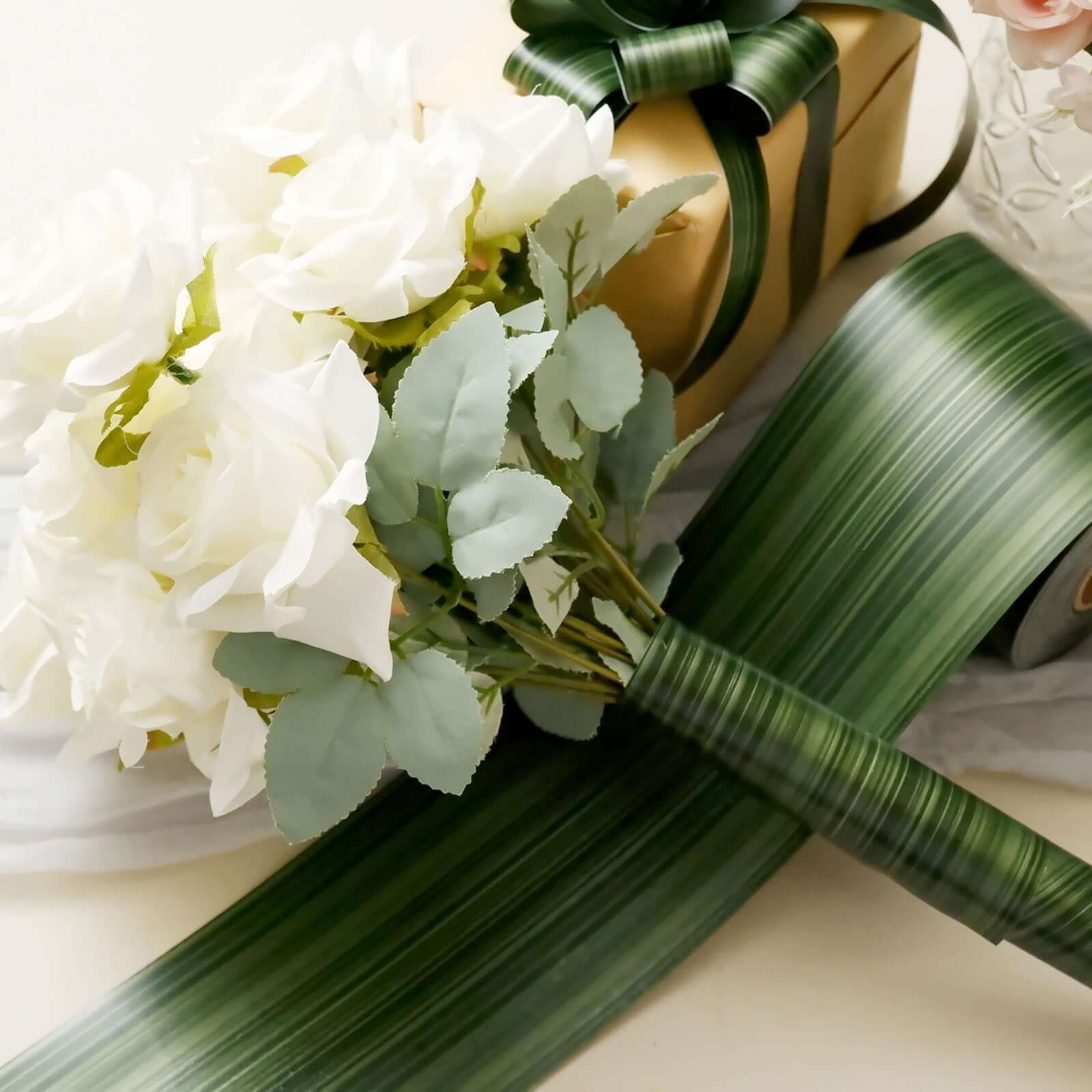 50-Yard 4" Green Ti Leaf Waterproof Satin Ribbon - Ideal for DIY Bouquet Crafts