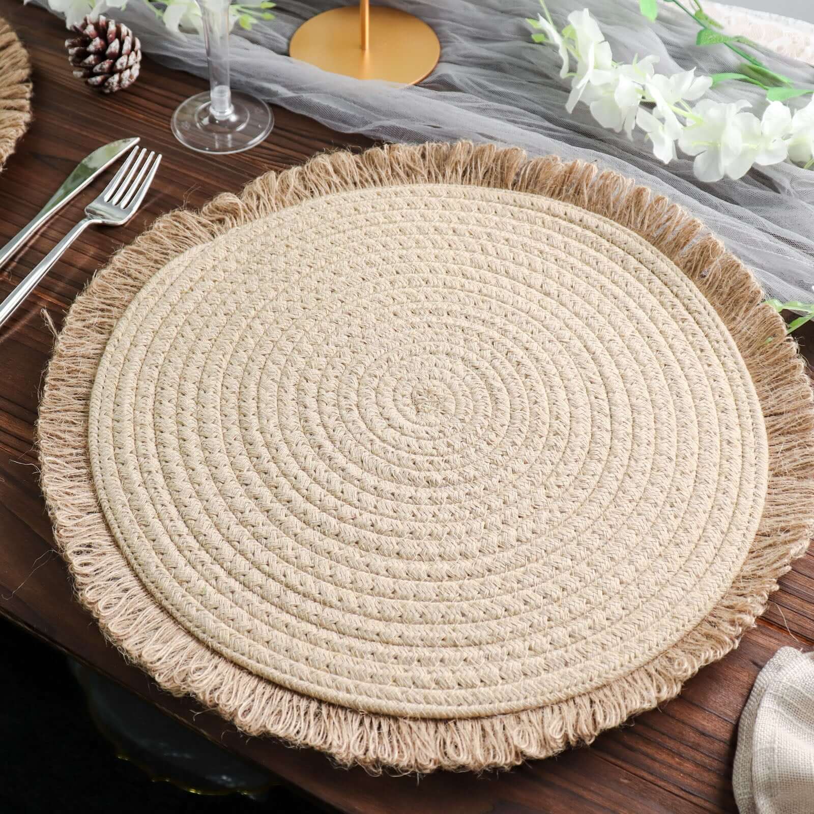 4-Pack Natural Rustic Burlap Jute Round Placemats with Fringed Edge - Farmhouse Style Table Decor