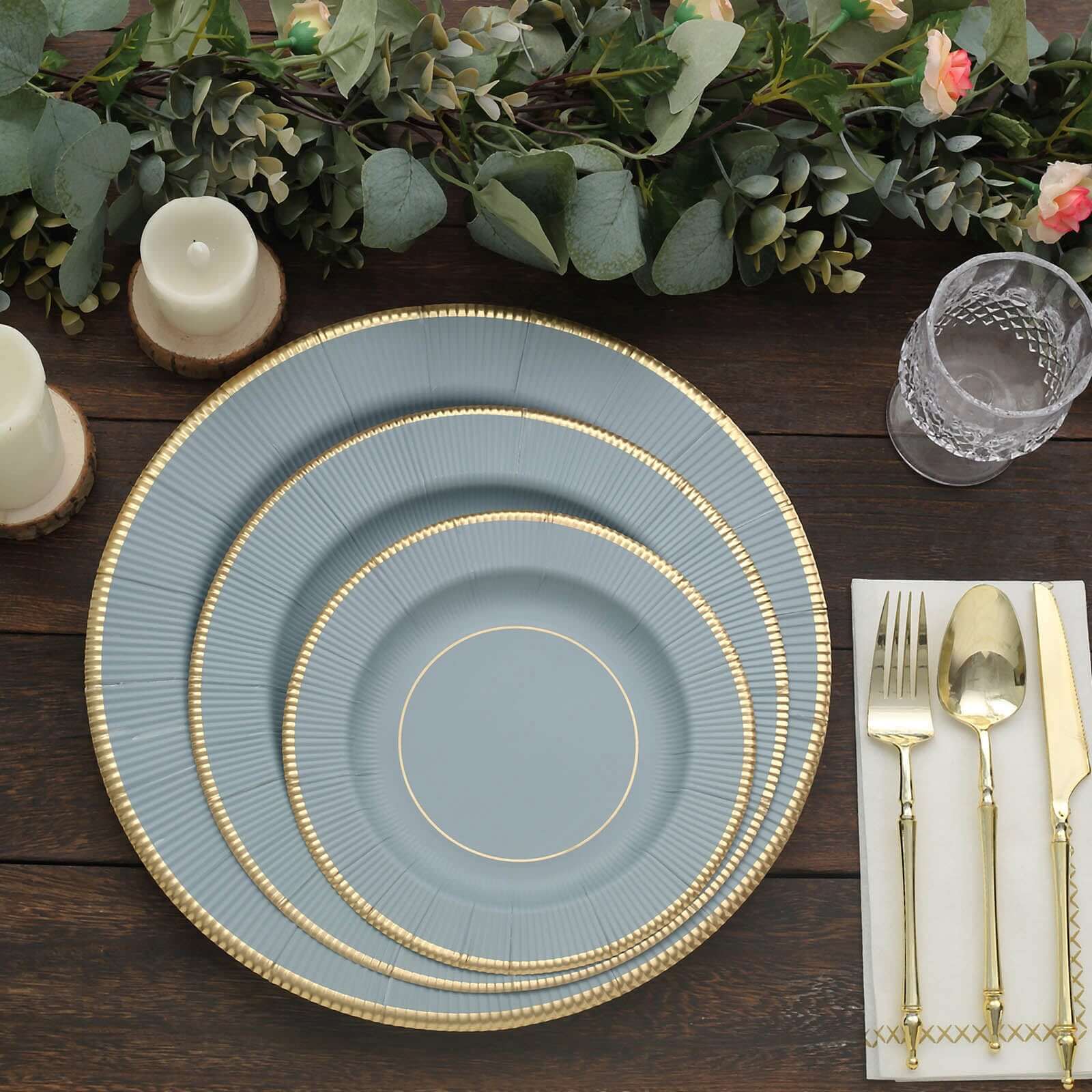 25-Piece Set of 8-Inch Disposable Dusty Blue Sunray Design Paper Dessert Plates with Gold Rim