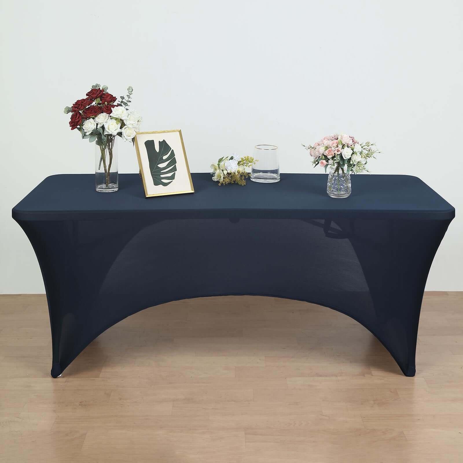 Navy Blue Stretch Spandex 96x30 Rectangle Table Cover with Curved Open Back - Professional Look