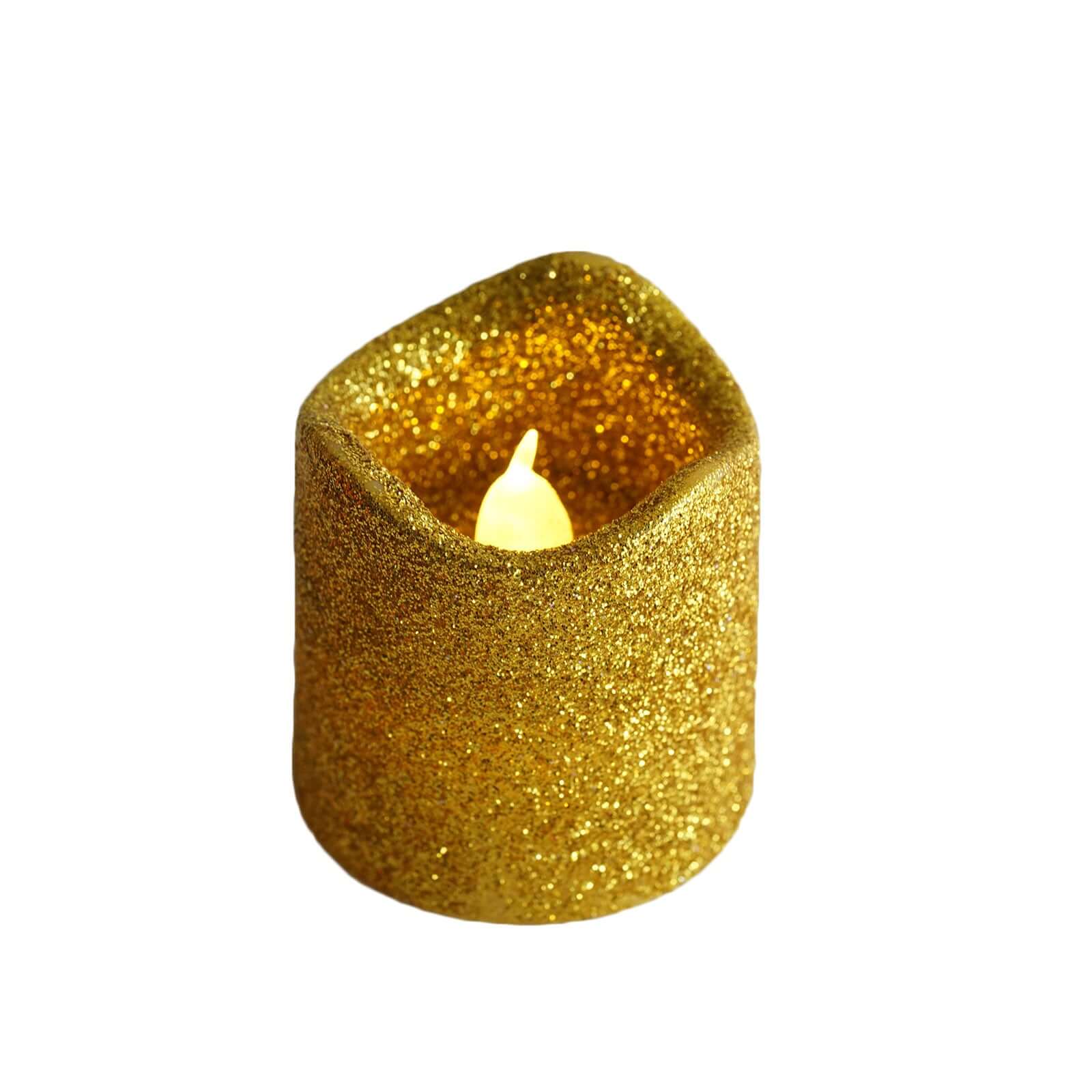 Hot Sale! 12-Piece Reusable Flameless LED Votive Candles with Glittered Gold Design, Battery Operated