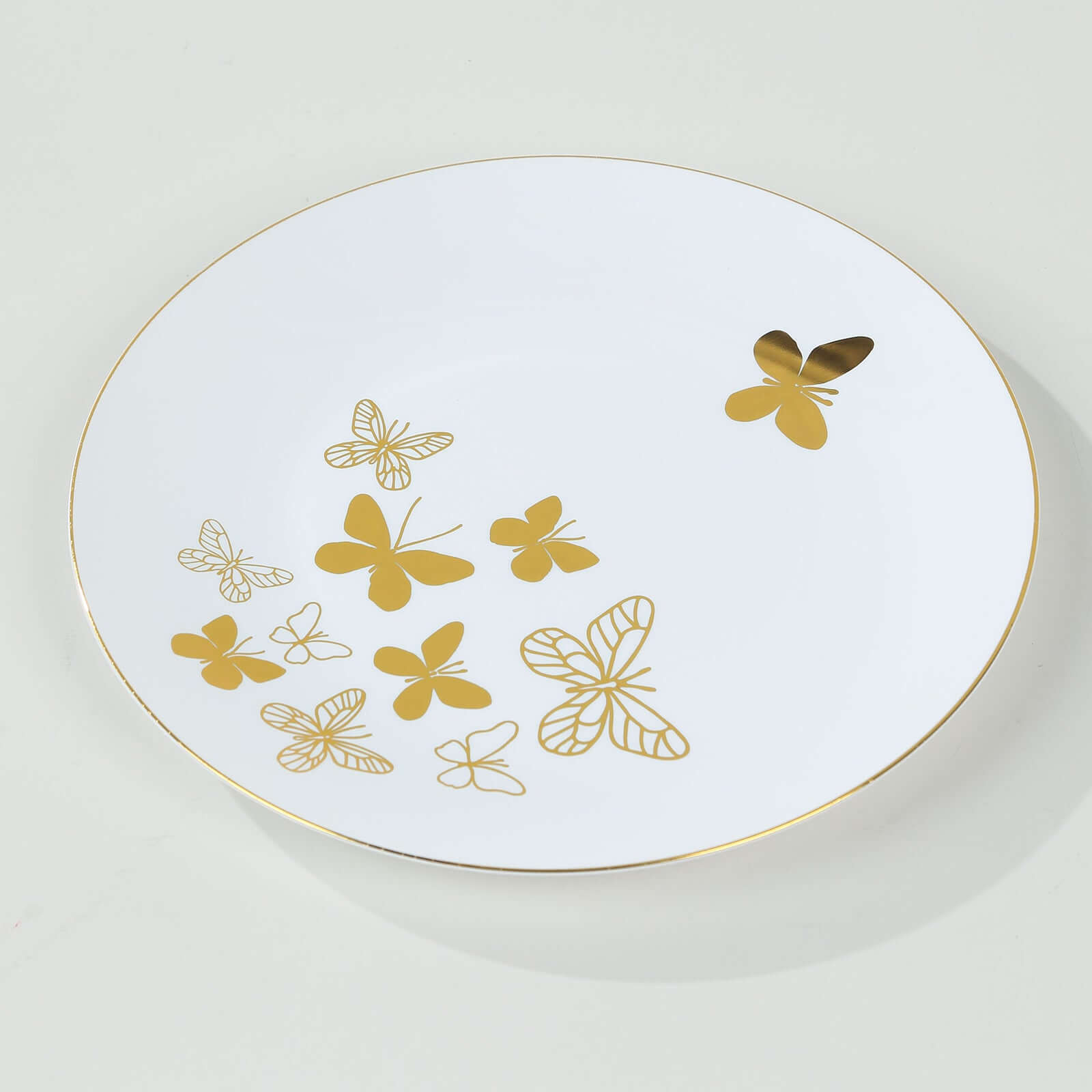 Get 20-Piece White Plastic Dinner & Salad Plates with Gold Butterfly Design & Rim - Ideal for Buffets & Events