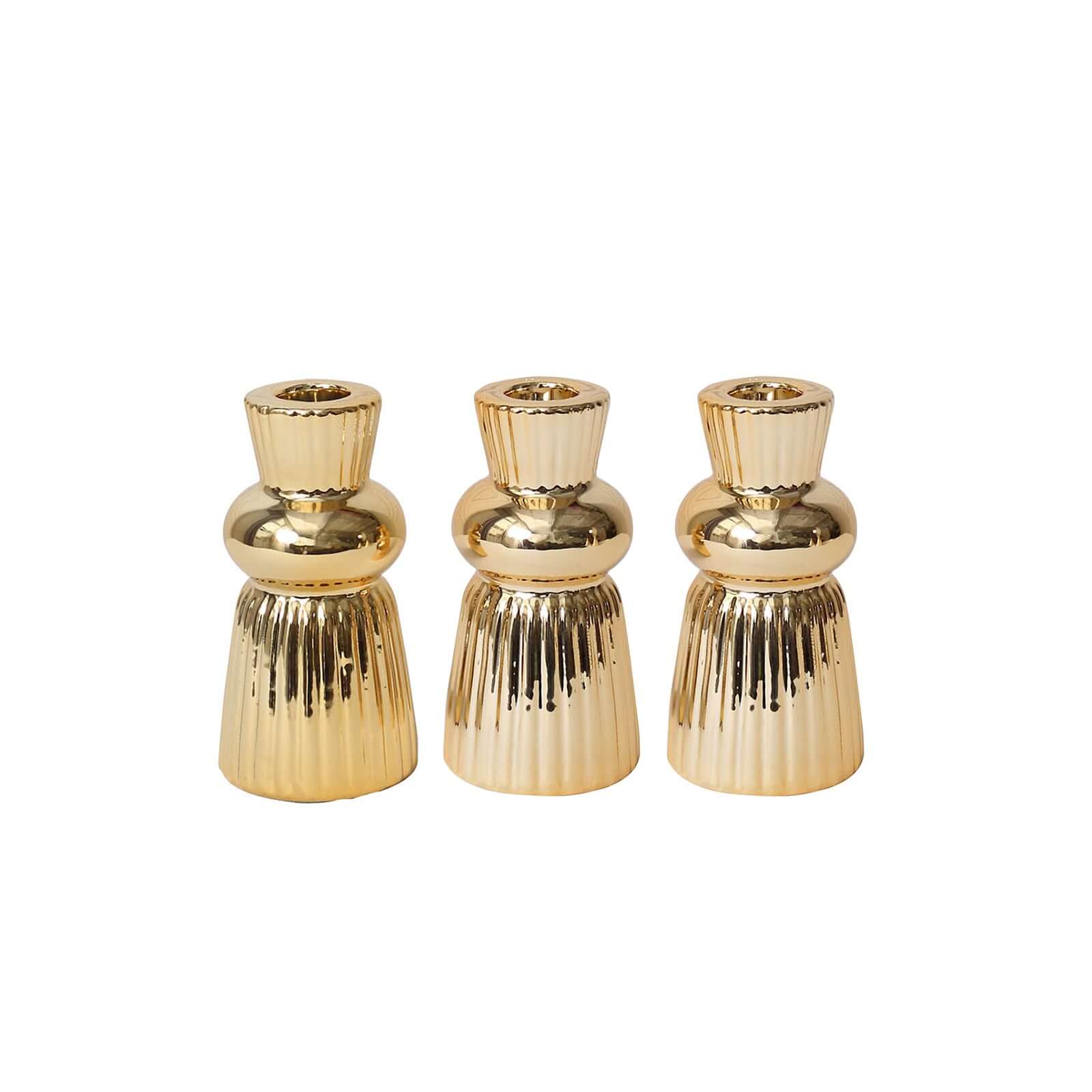 Set of 3 Metallic Gold Ceramic Taper Candle Holders with Fluted Ball Neck Design