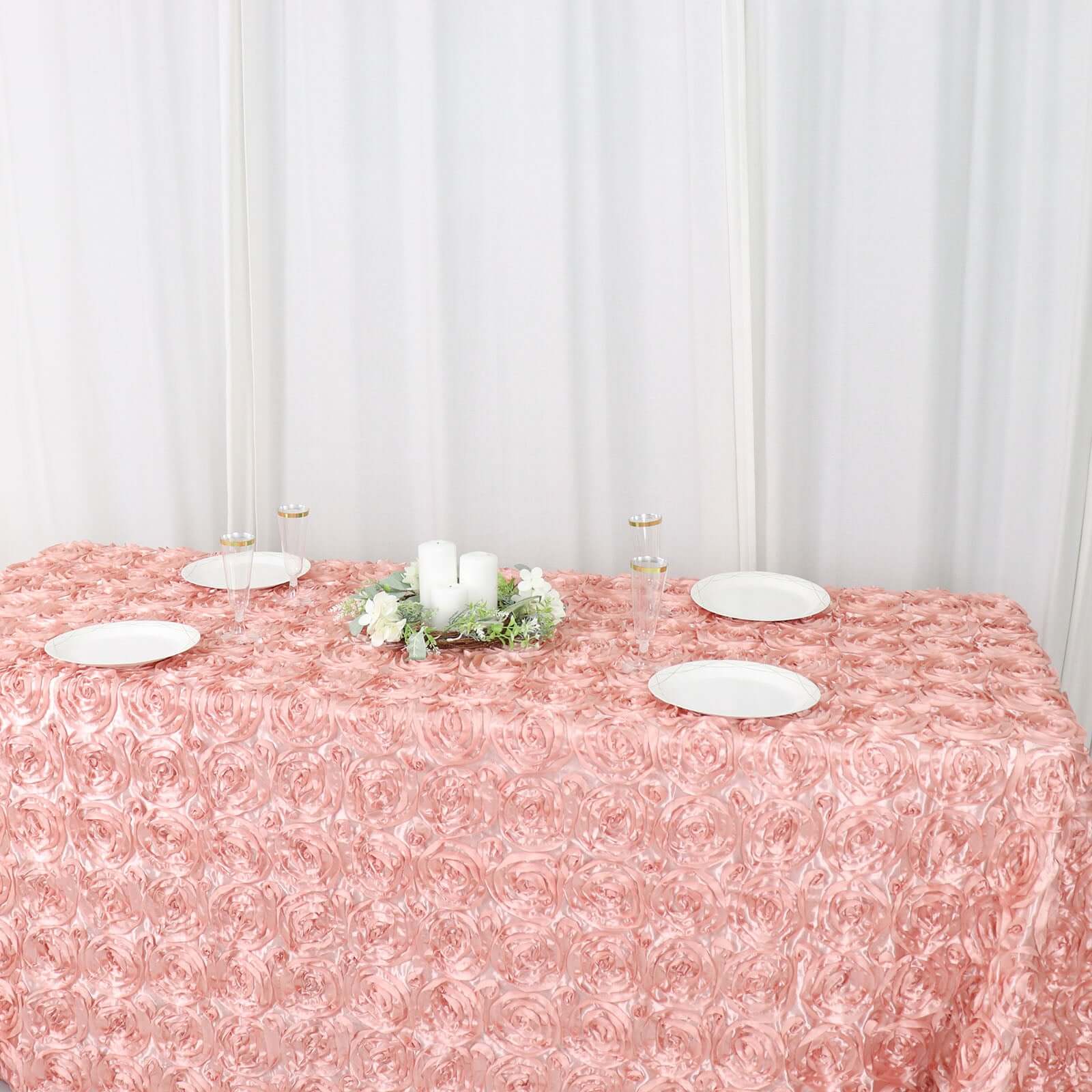Luxurious Dusty Rose Satin 90x132 Rectangle Tablecloth with 3D Rosette Design