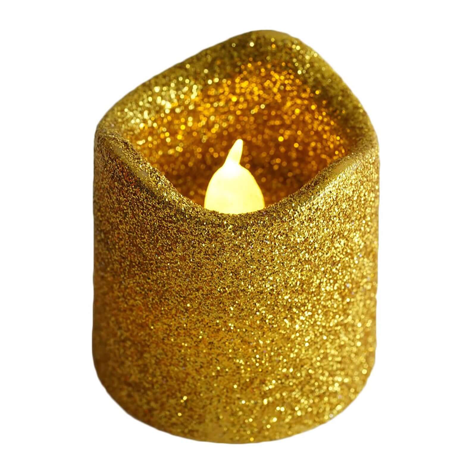 Hot Sale! 12-Piece Reusable Flameless LED Votive Candles with Glittered Gold Design, Battery Operated
