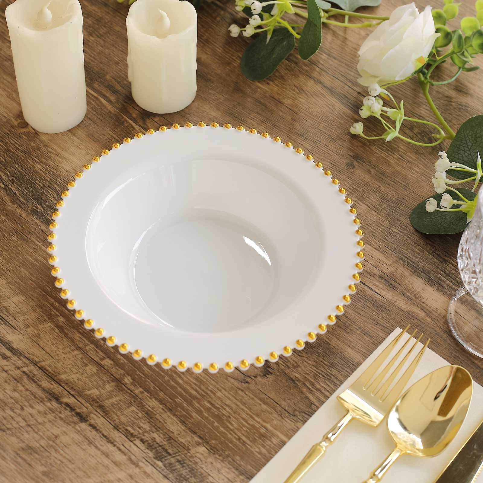 10-Pack 12oz Disposable White Plastic Salad & Soup Bowls with Gold Beaded Rim - Great Value!