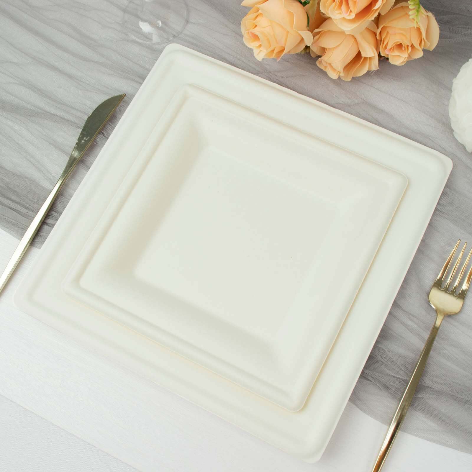 50-Pack White Bagasse 8" Square Wide Rim Dessert/Salad Plates - Eco-Friendly for Parties