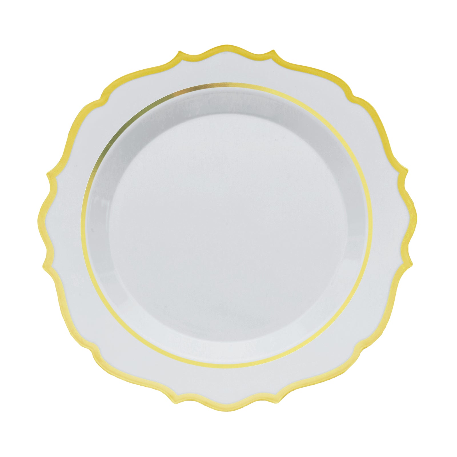 10-Piece Set of Disposable White Plastic Round Desert Plates with Gold Scalloped Rims for Elegant Events