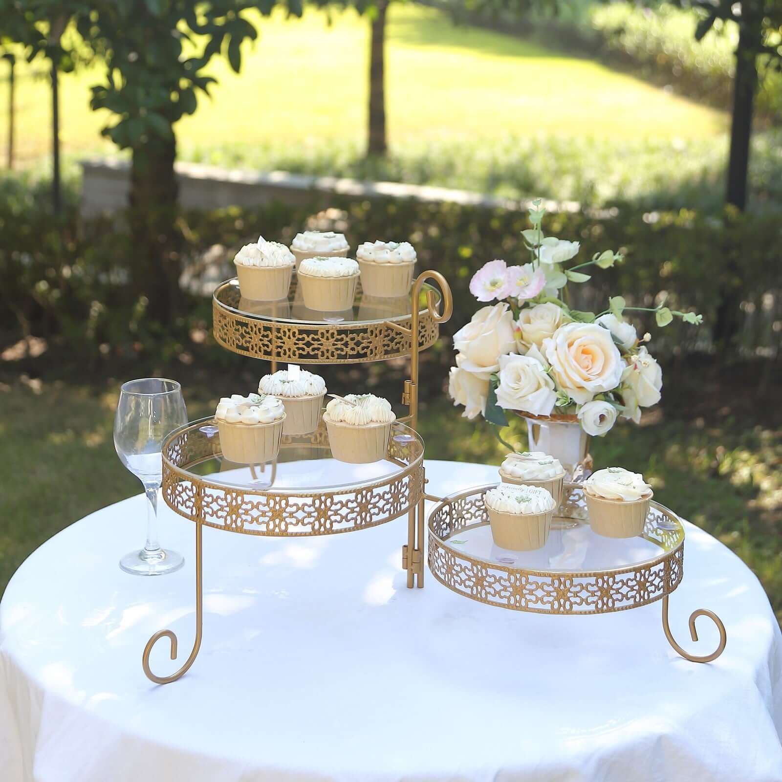 3-Tier Gold Metal Rotating Cupcake Stand with Clear Acrylic Plates - Hollow Lace Design