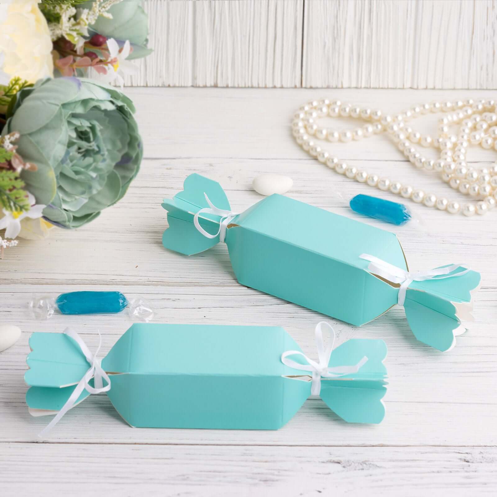 25-Pack Turquoise Candy-Shaped Party Favor Gift Boxes with Satin Ribbons - On Clearance