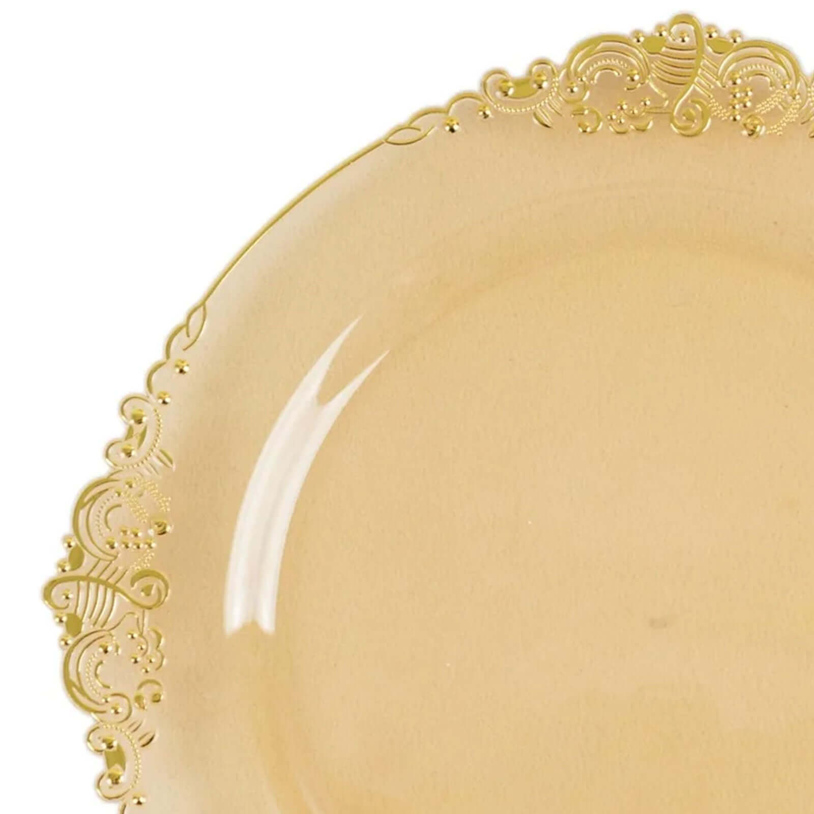 10-Pack Disposable Plastic Round Dinner Plates in Transparent Amber Gold with Gold Leaf Rim