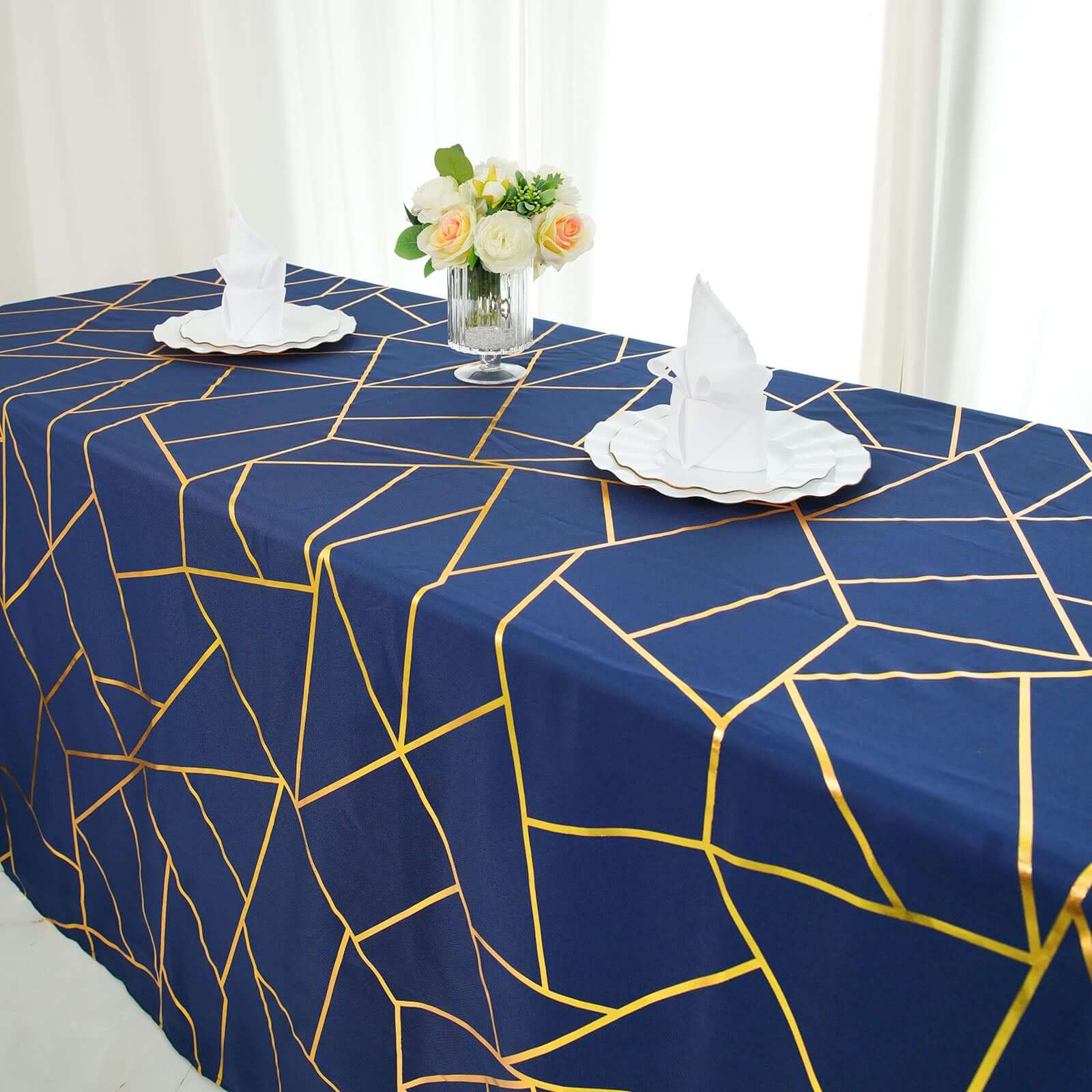 Wrinkle-Resistant Navy Blue Polyester Tablecloth with Gold Foil Pattern for Elegant Events