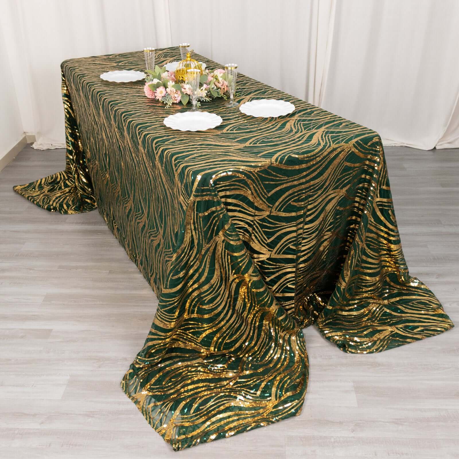 Sparkling Wave Sequin Embroidered Mesh Rectangle Tablecloth - Hunter Emerald Green/Gold