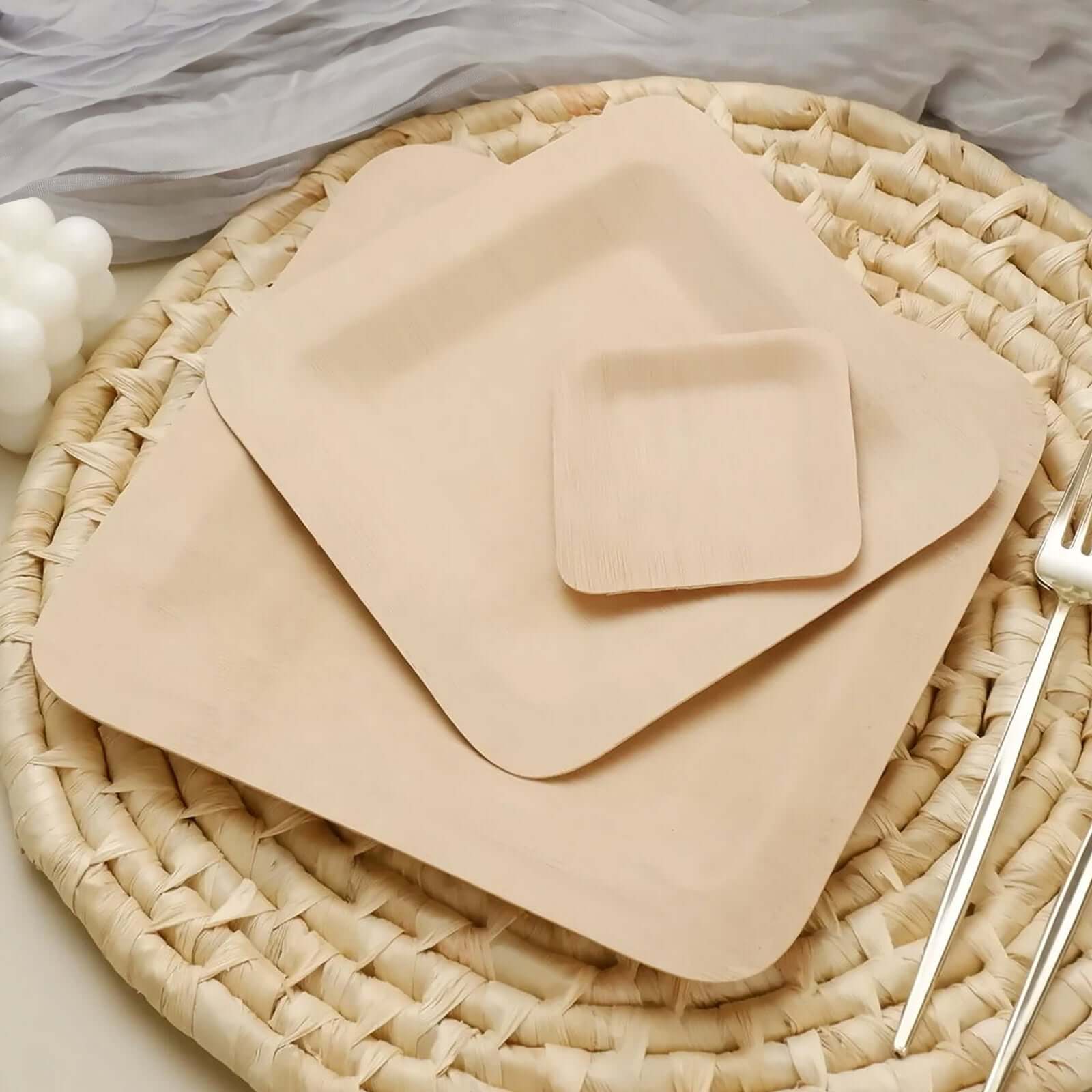 10-Pack Natural Bamboo 9 Square Dinner Plates - Eco-Friendly Disposable for Events