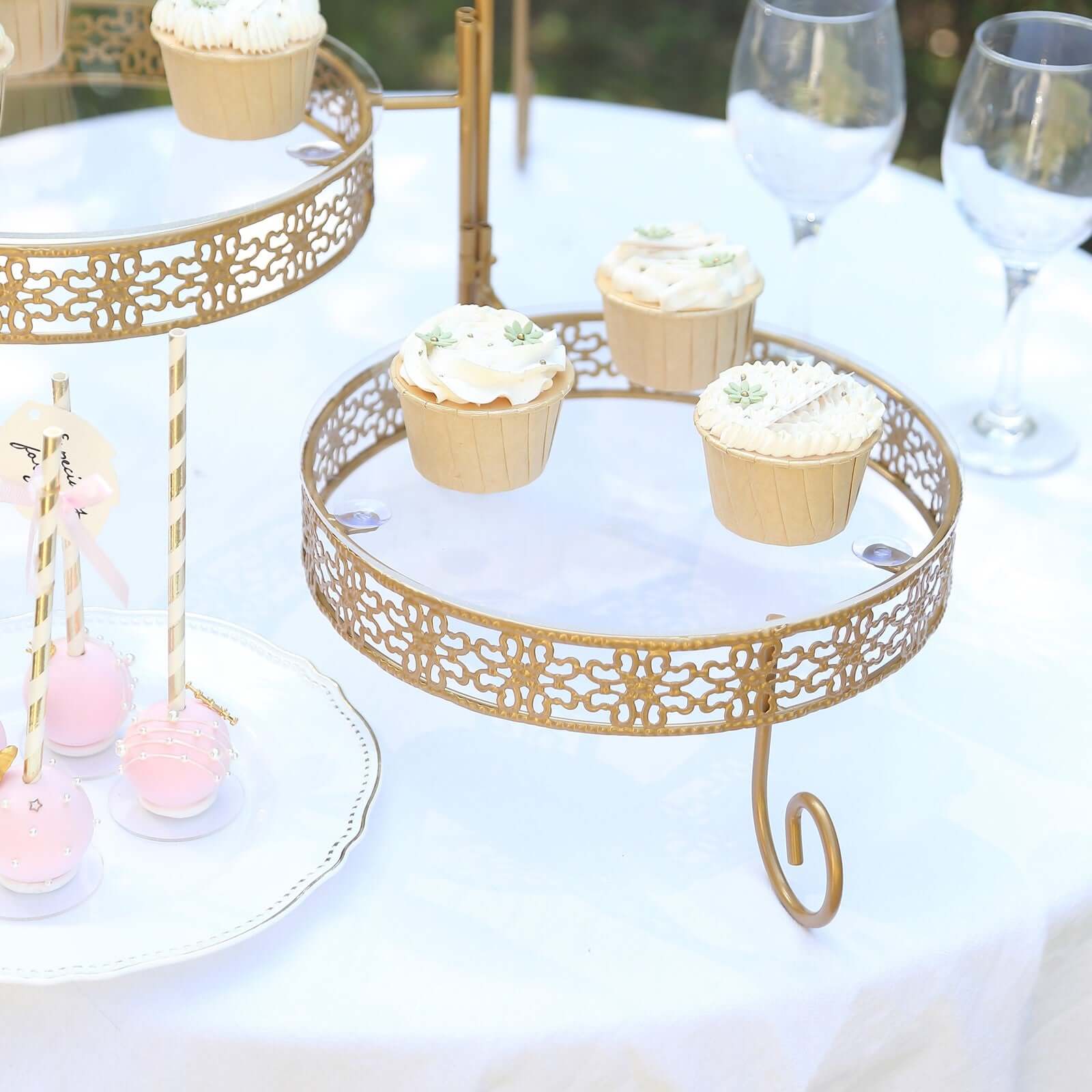 3-Tier Gold Metal Rotating Cupcake Stand with Clear Acrylic Plates - Hollow Lace Design
