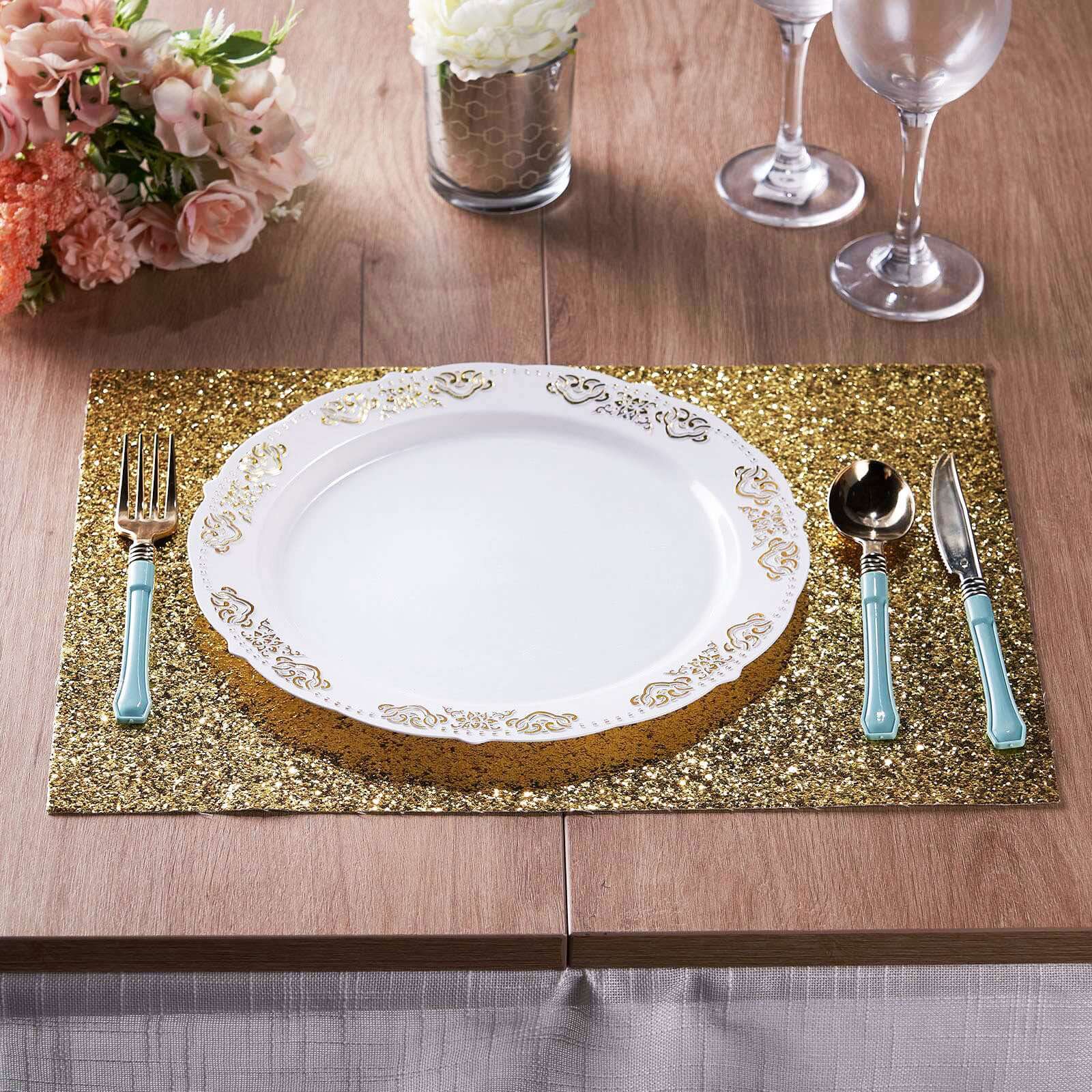 6-Pack Champagne Glitter Rectangle Placemats - Non-Slip & Heat-Resistant