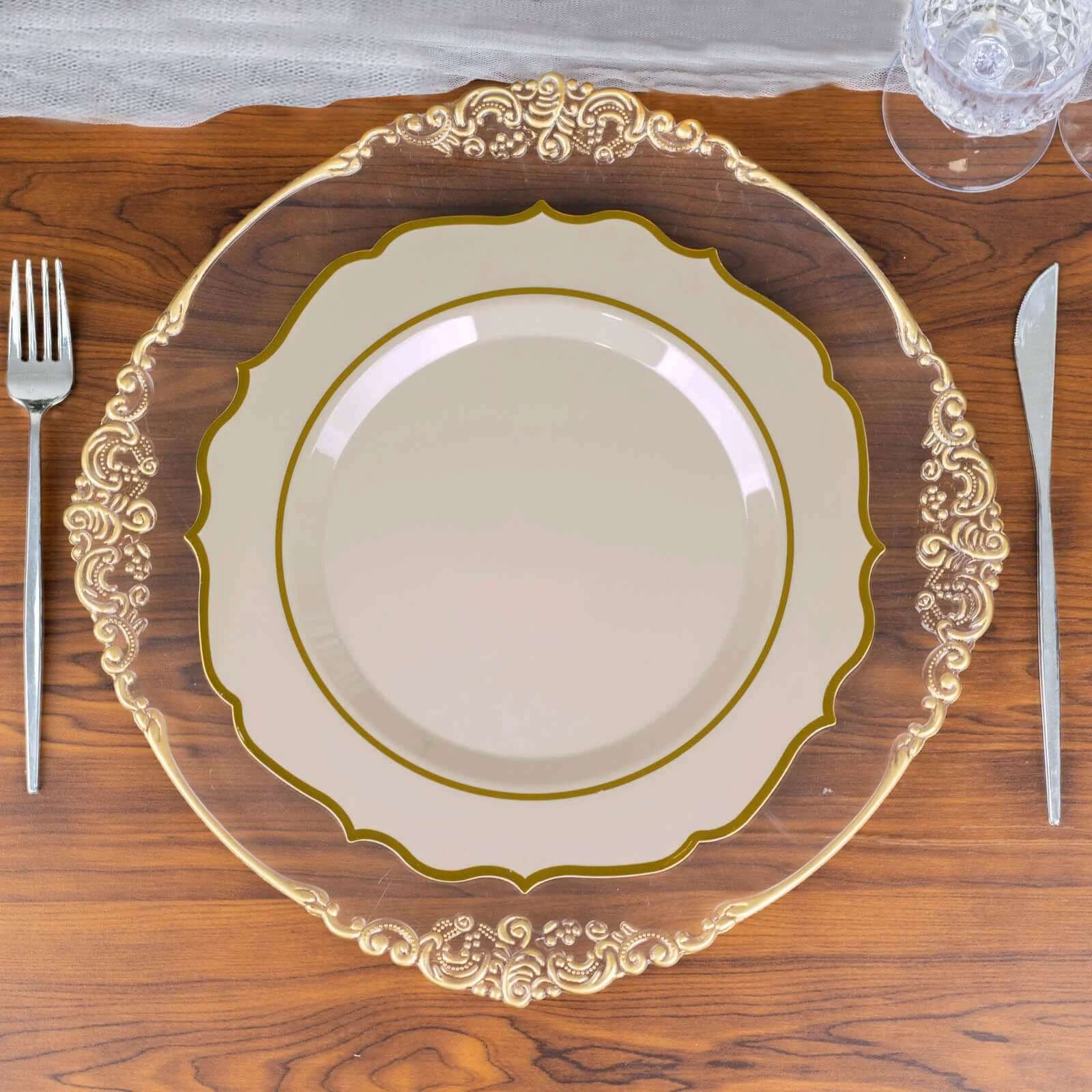 Hot Sale! 10-Piece Disposable Plastic Round Dinner Plates in Taupe with Gold Scalloped Rims