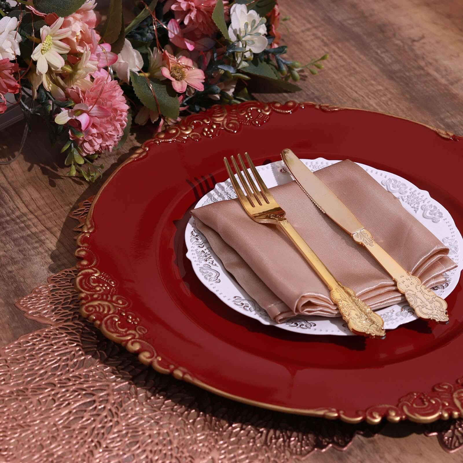 6-Piece Set of 13-Inch Burgundy Acrylic Round Charger Plates with Gold Embossed Baroque Rim for Decorative Dinners