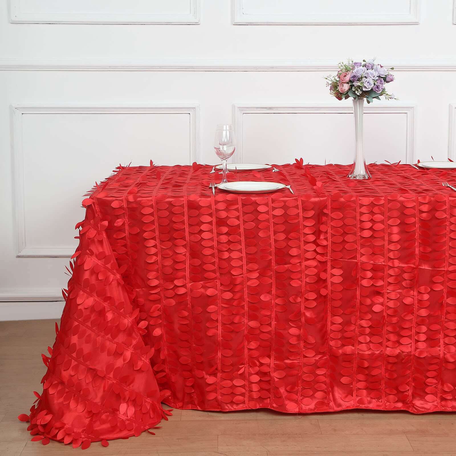 Hot Deal! Red Taffeta Rectangle Tablecloth with 3D Leaf Petal Design