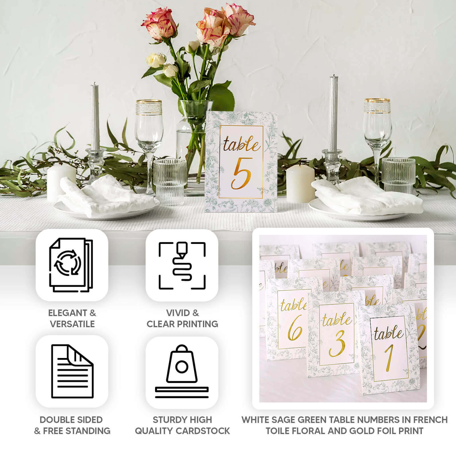25-Pack Wedding Table Numbers 1 - 25: White/Sage Green French Toile Design with Gold Foil, Free Standing Double Sided Signs