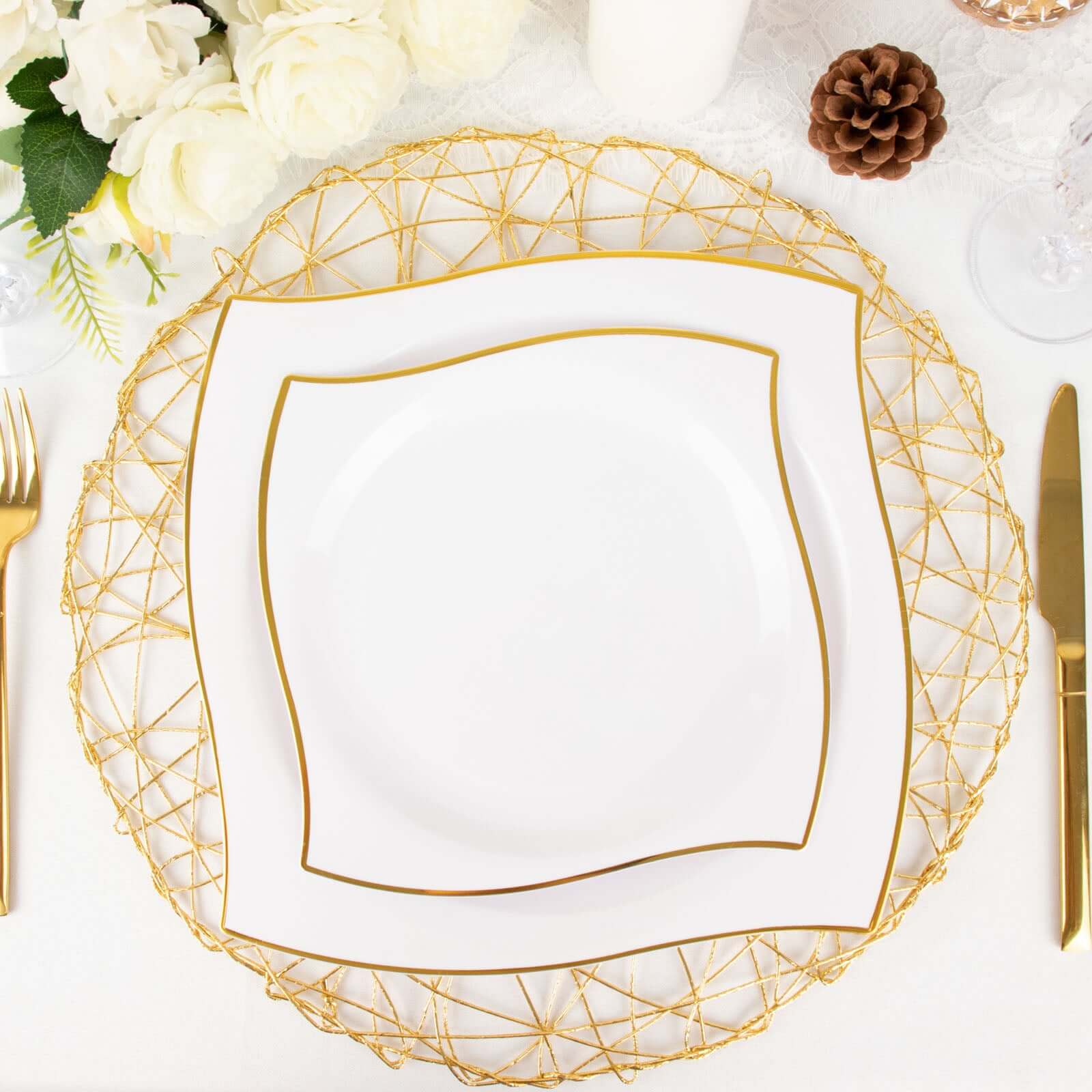 10-Piece Set of White Plastic Square Dinner Plates with Gold Wavy Rim for Luxury Parties