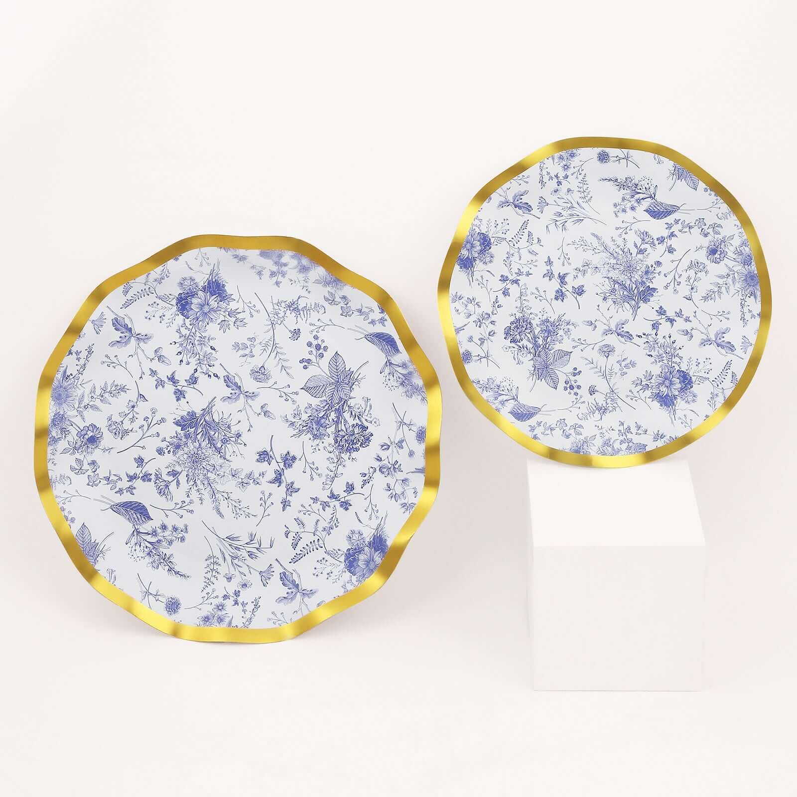 Get 25-Piece Set of Disposable 10-Inch White Paper Dinner Plates with Blue French Toile & Gold Wavy Rim