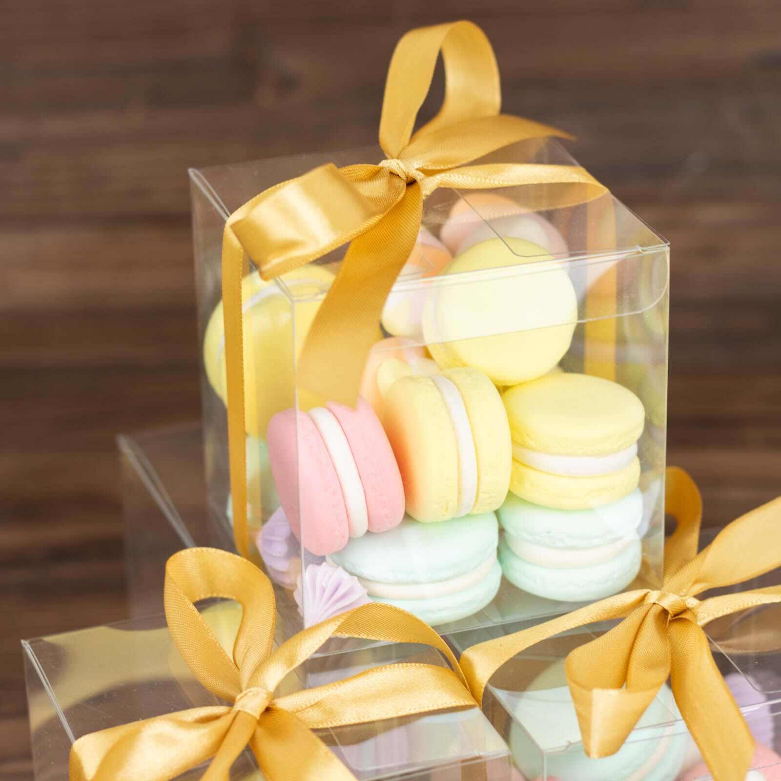 Hot Sale! 12-Pack 3.5-Inch Clear & Gold Disposable Plastic Cupcake Boxes with Ribbon for Weddings and Parties