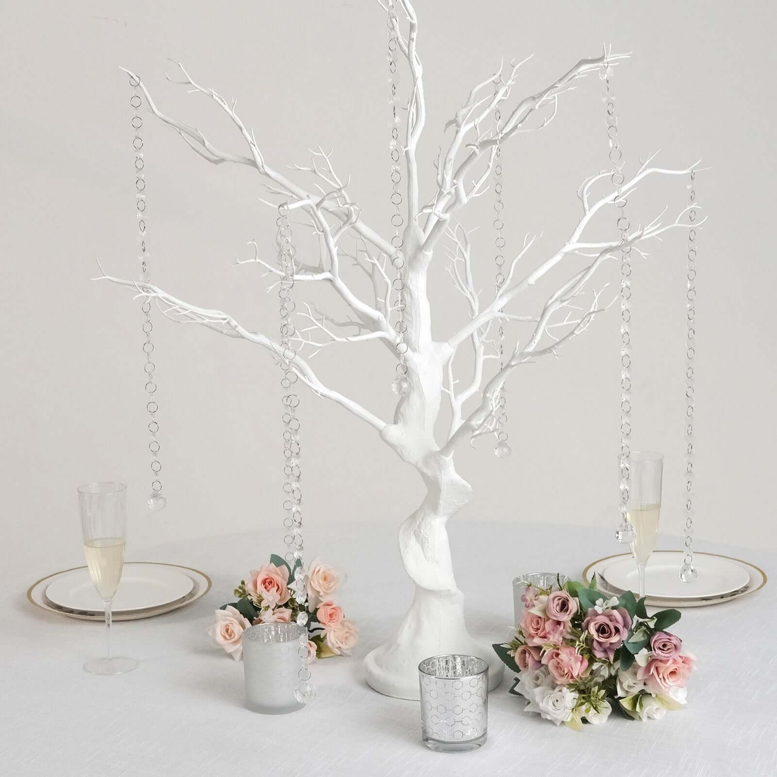 Hot Sale! White Manzanita Artificial Tree Centerpiece with 8 Acrylic Bead Chains for Modern Weddings and Parties