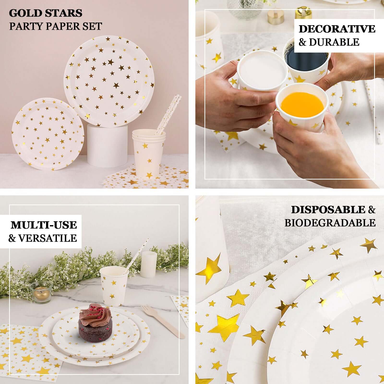 Hot Sale! 120-Piece Disposable Paper Dinnerware Set with White and Gold Star Design