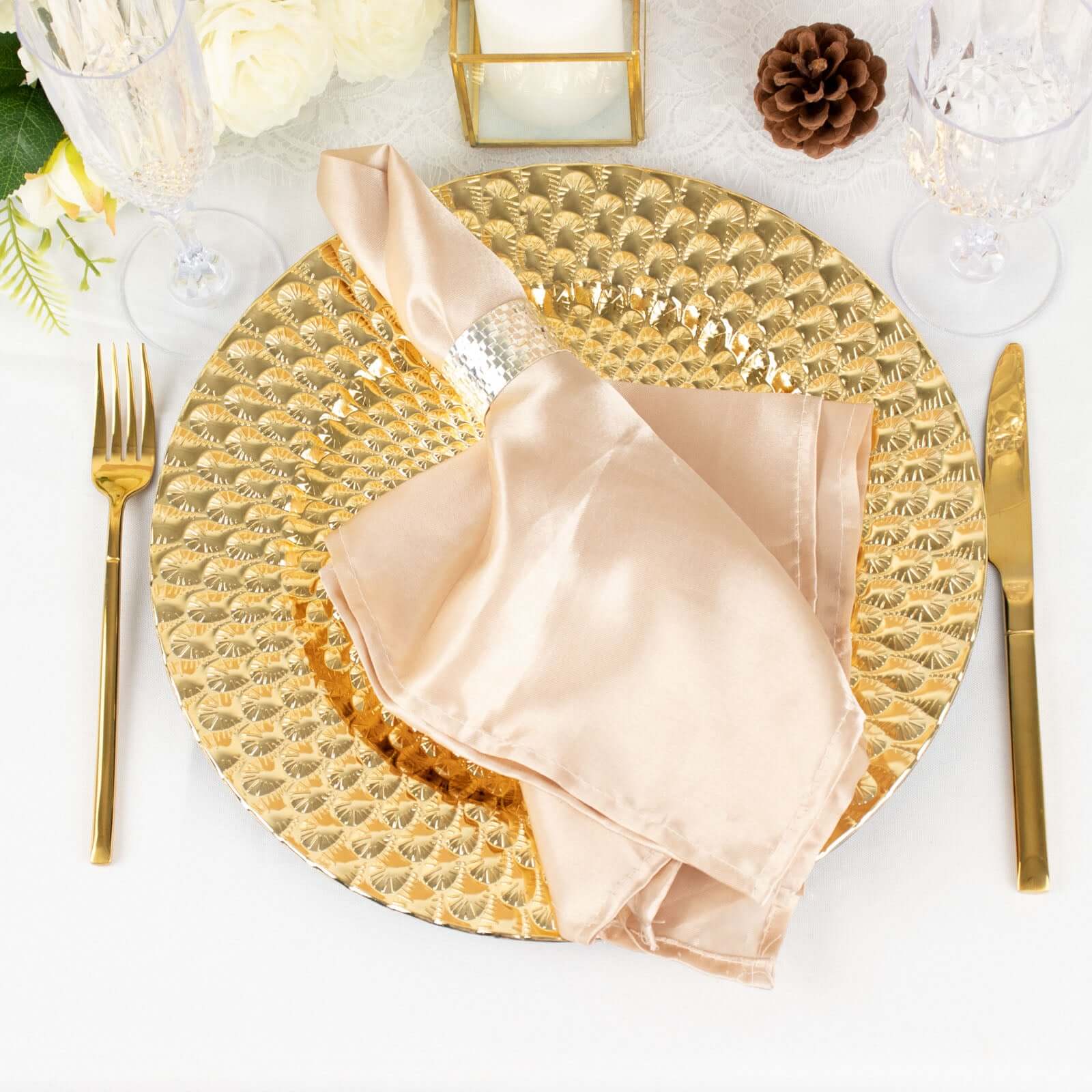 Set of 6 Gold Plastic Round Charger Plates with Peacock Pattern, 13-inch for Elegant Dinner Parties