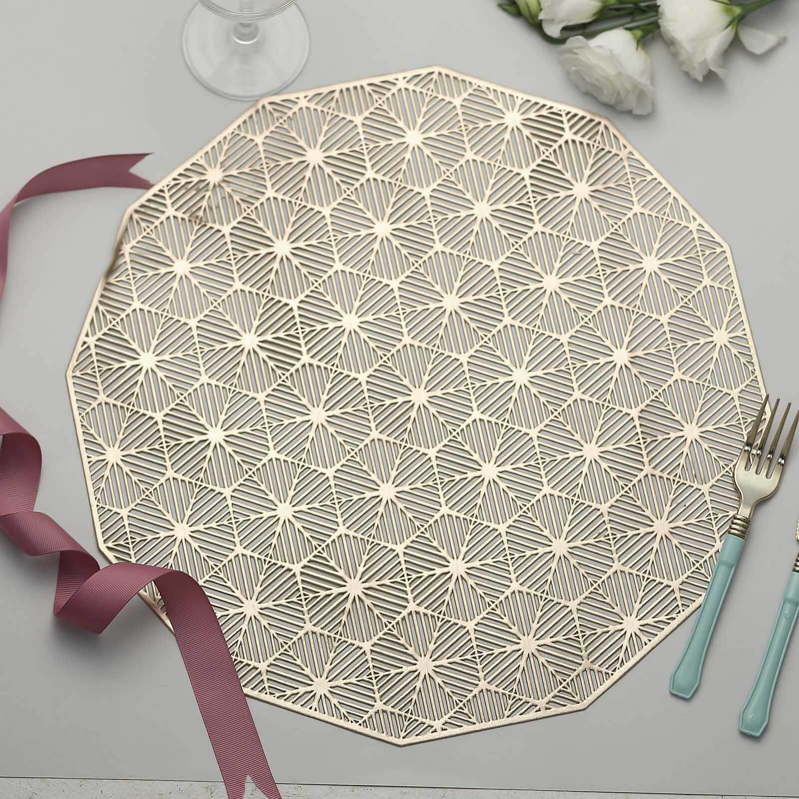 6-Piece Gold Geometric Woven Vinyl Dining Table Mats with Non-Slip Surface, 15 Inches