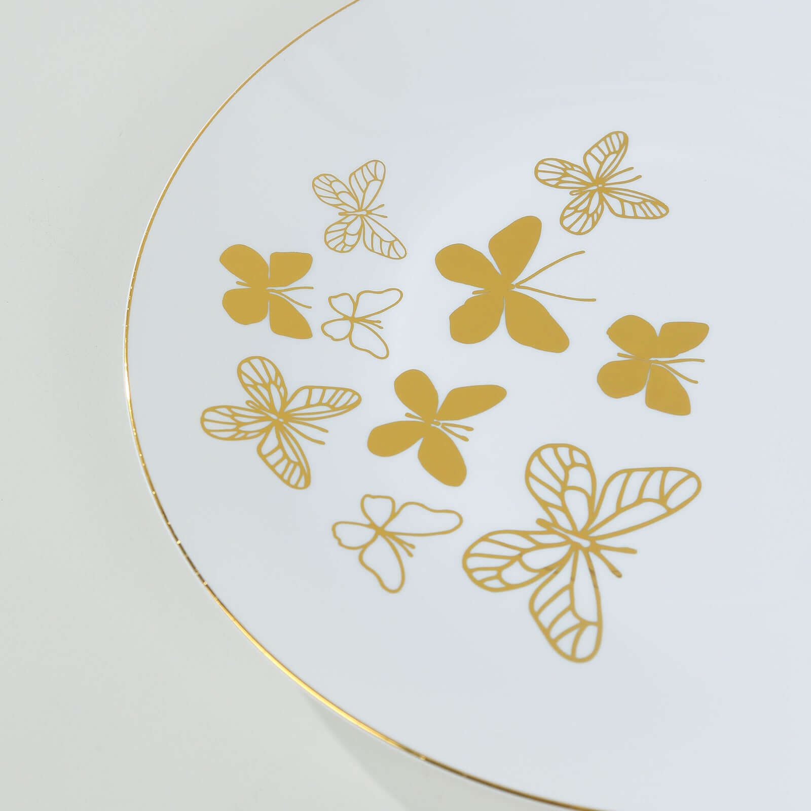 Get 20-Piece White Plastic Dinner & Salad Plates with Gold Butterfly Design & Rim - Ideal for Buffets & Events