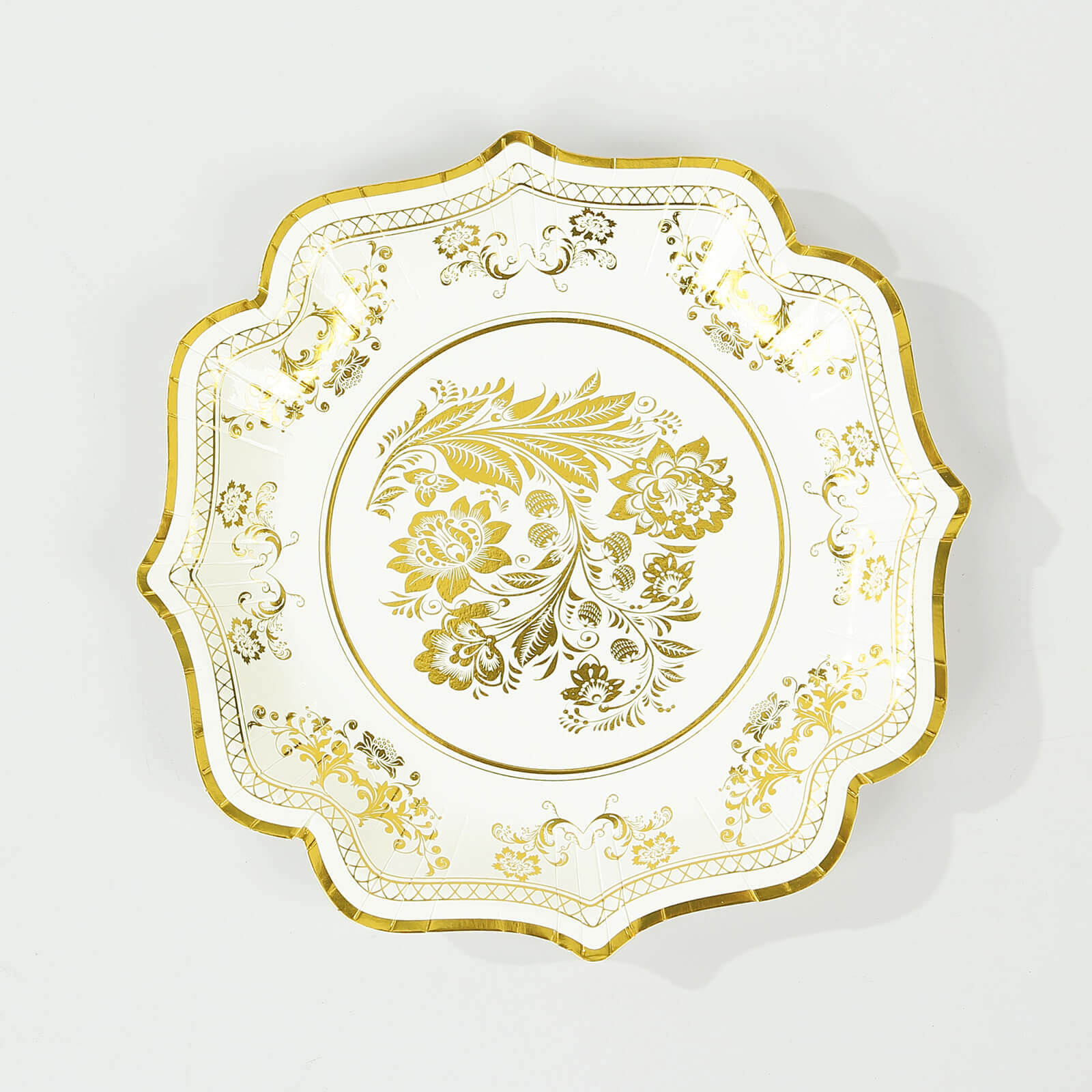 25-Piece Set of Elegant White and Gold Damask Floral Disposable Paper Dinner Plates, 10-Inch Size