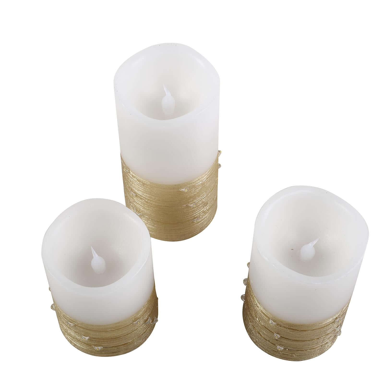 Remote-Controlled Set of 3 Gold LED Flameless Pillar Candles with Fairy String Lights (4', 5', 6')