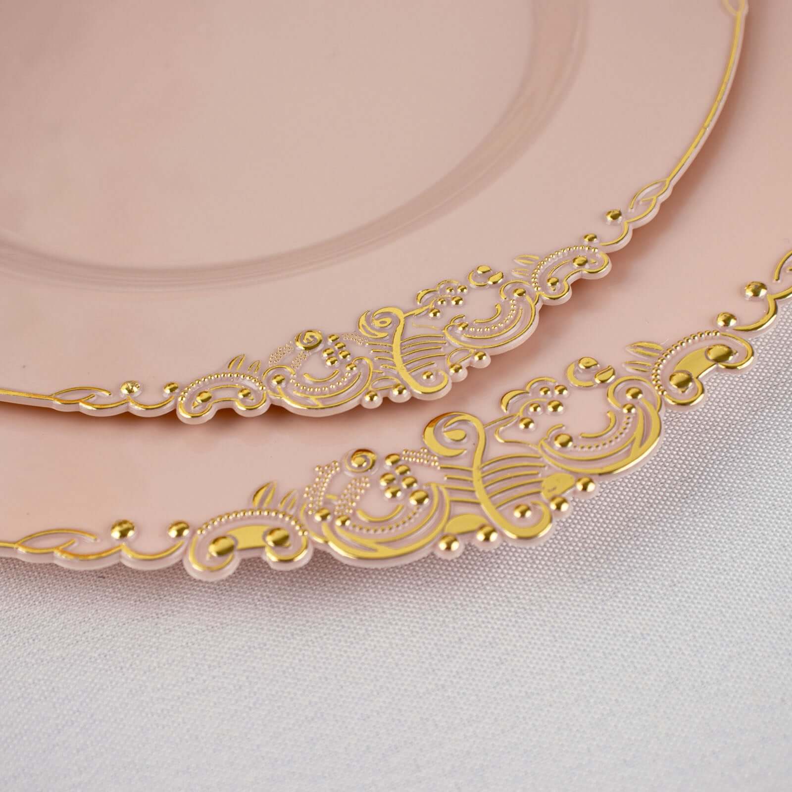 10-Pack Disposable Vintage Blush Plastic Round Dessert Plates with Gold Leaf Embossed Rim - Ideal for Events
