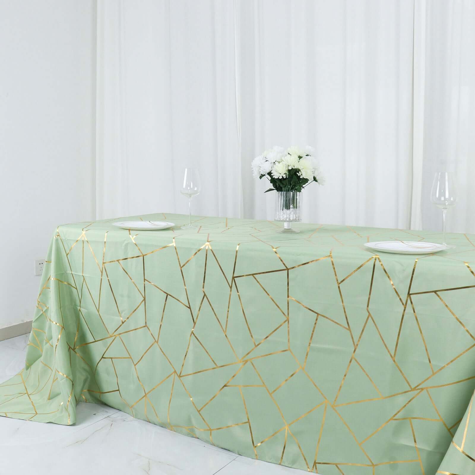 Hot! Wrinkle-Resistant Sage Green Polyester Tablecloth with Gold Foil Geometric Pattern, 90x132
