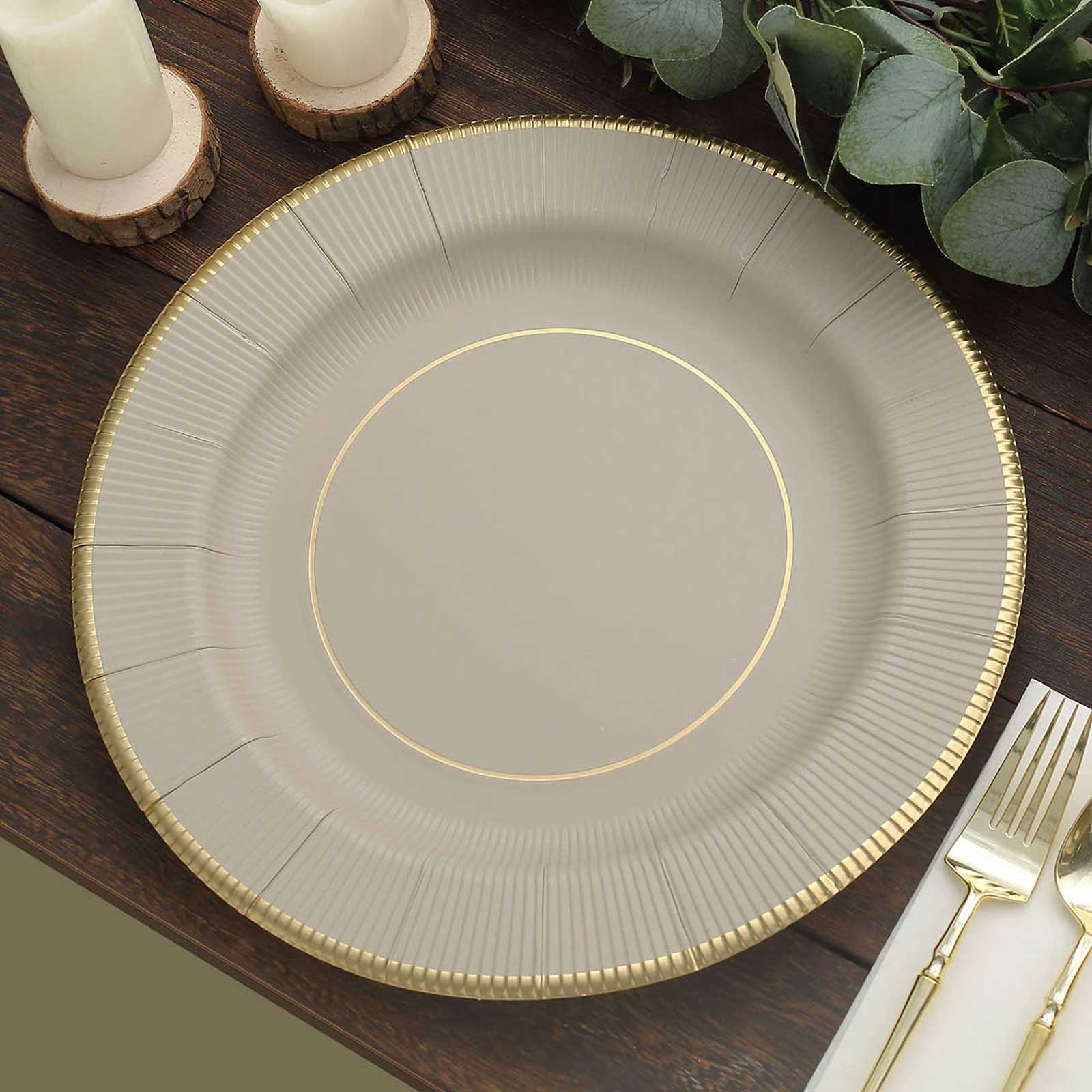 25-Piece Set of Disposable Heavy Duty 350GSM Paper Charger Plates in Taupe Sunray Design with Gold Rim, 13 Inches