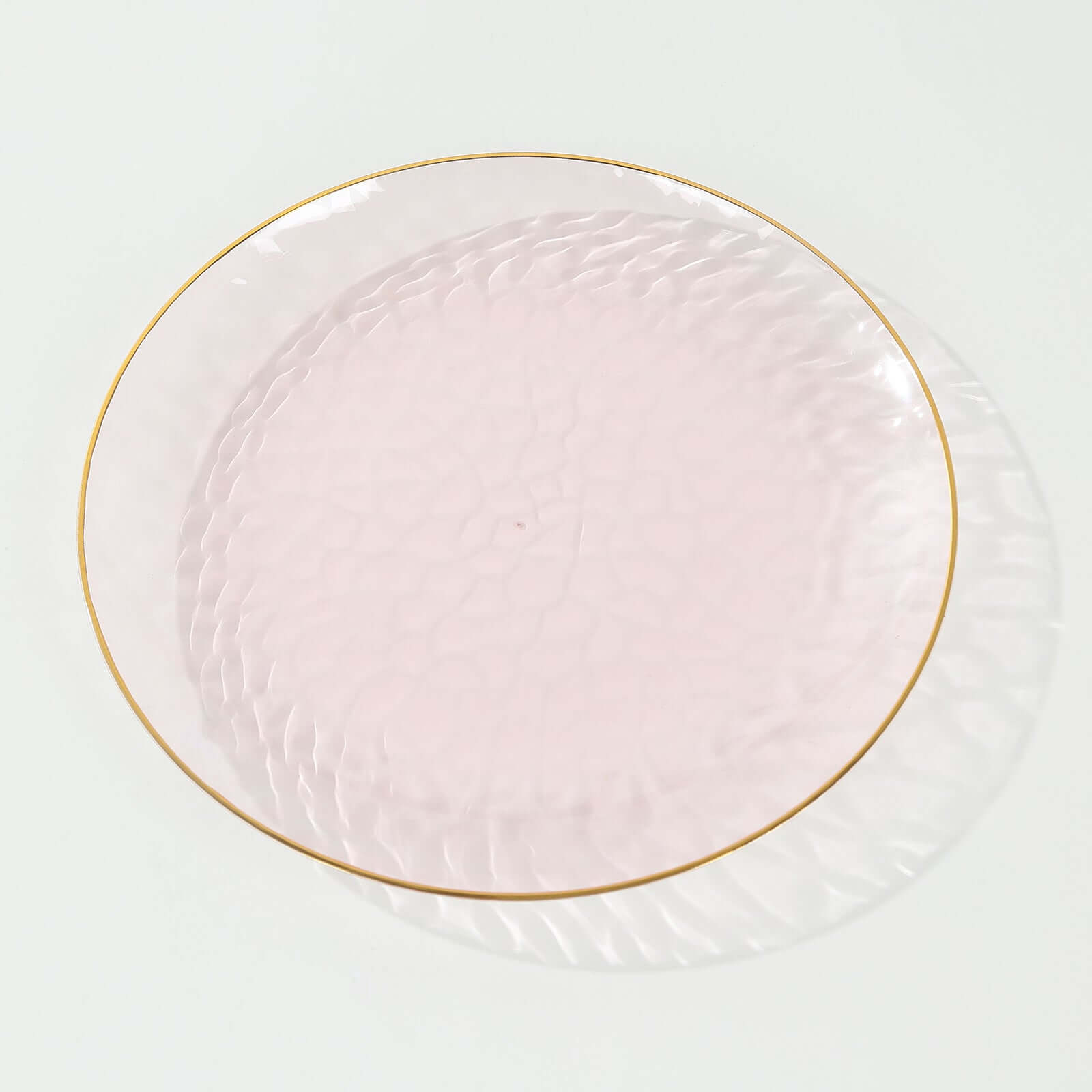 10-Piece Set of 9-Inch Transparent Blush Plastic Dinner Plates with Hammered Gold Rim - Disposable for Parties